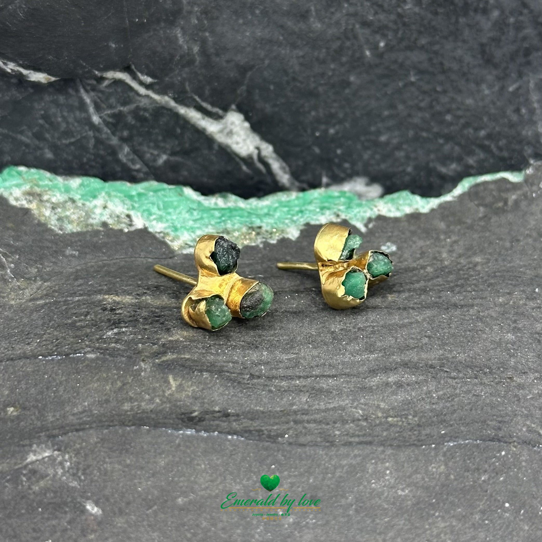 Minimalist Earrings with Trio of Rough Colombian Emeralds