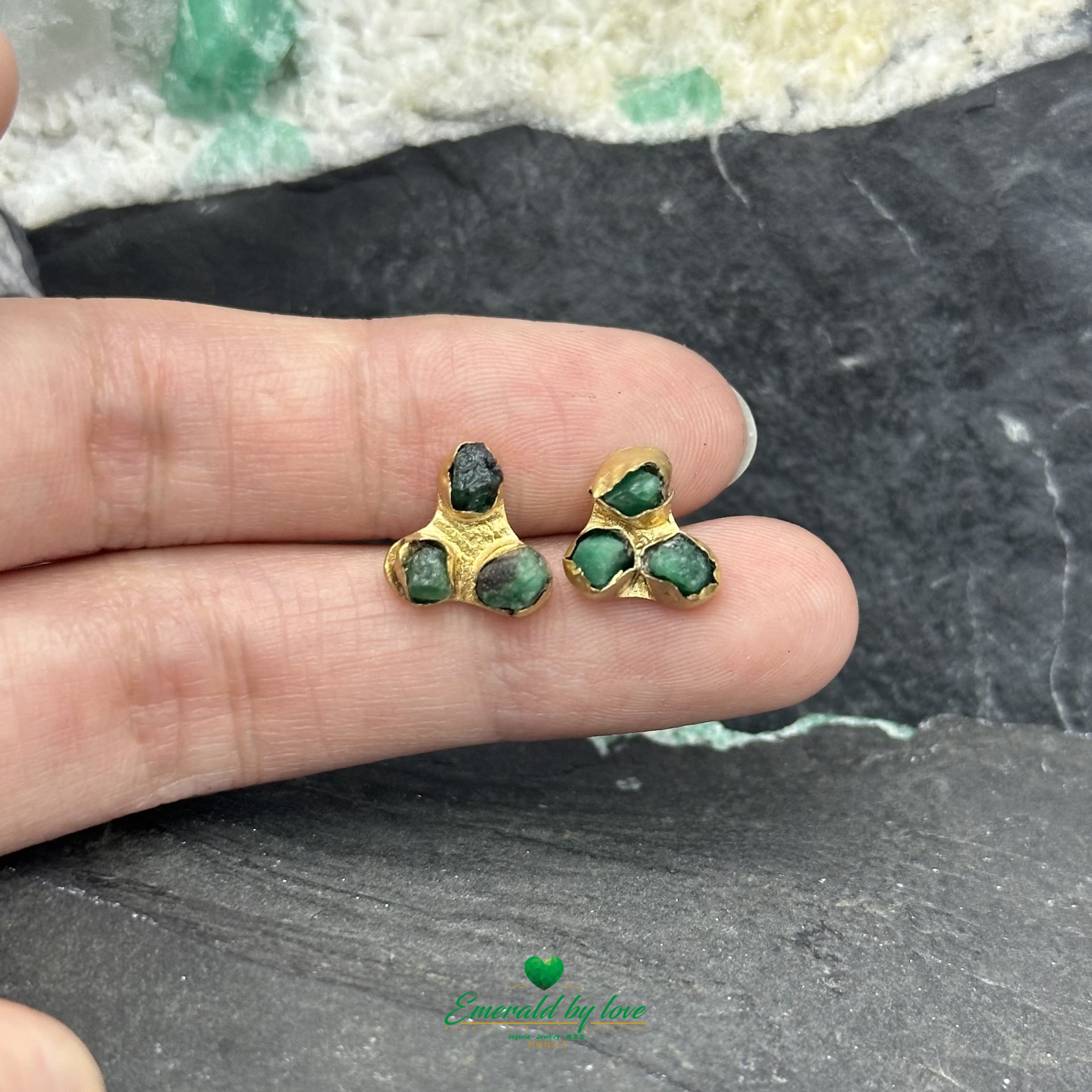 Minimalist Earrings with Trio of Rough Colombian Emeralds