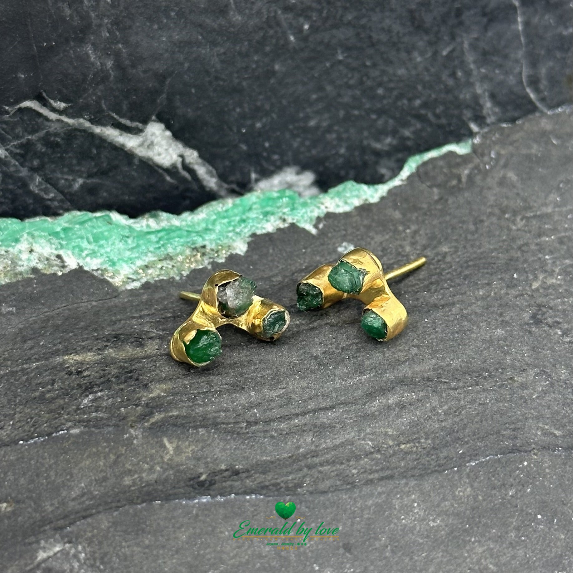 Modern Earrings with Horizontal Trio of Rough Colombian Emeralds