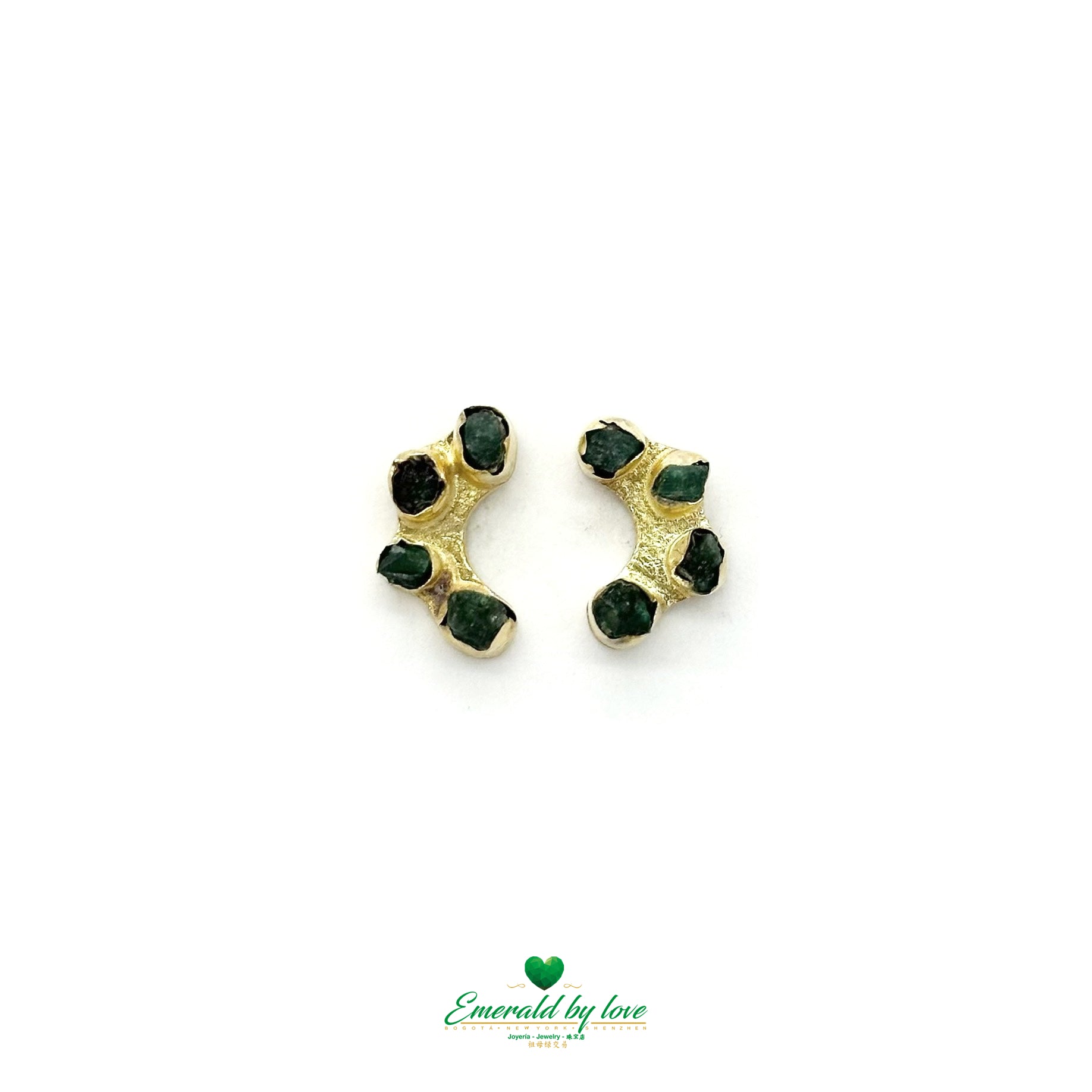 Crescent Moon Earrings with Trio of Rough Emeralds