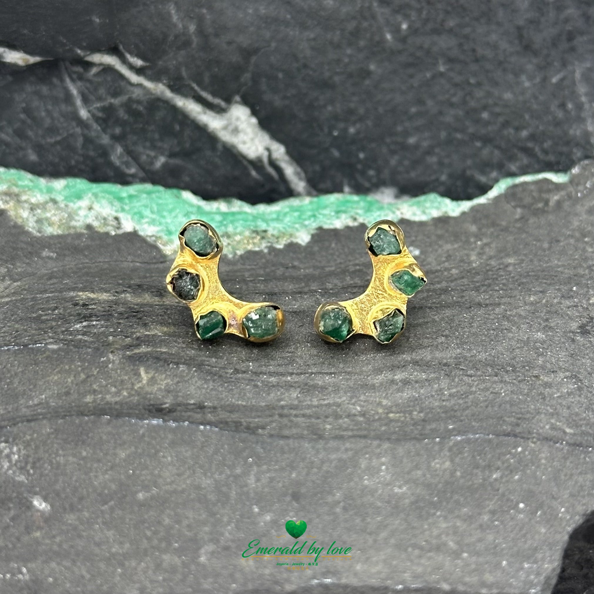 Crescent Moon Earrings with Trio of Rough Emeralds