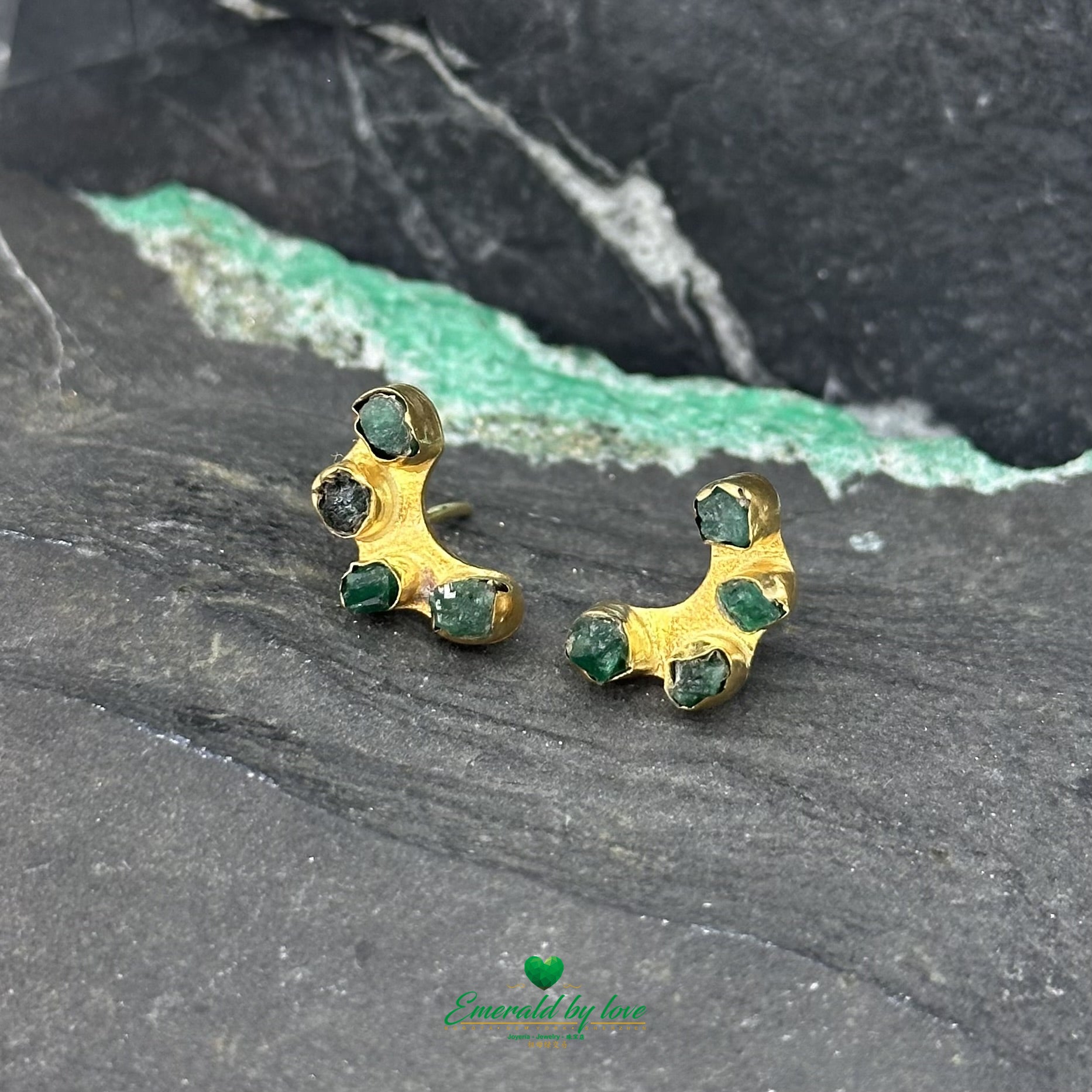 Crescent Moon Earrings with Trio of Rough Emeralds