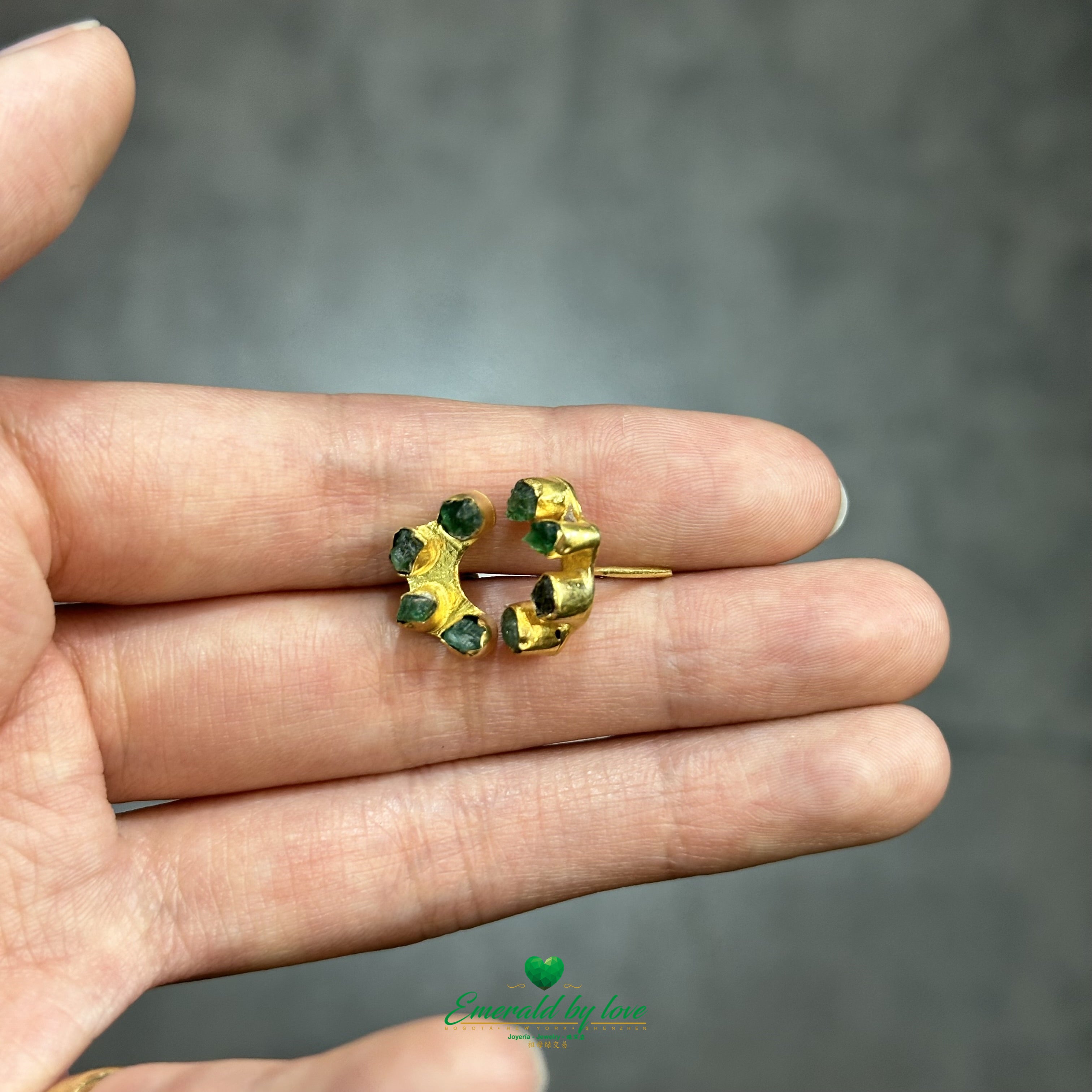 Crescent Moon Earrings with Trio of Rough Emeralds