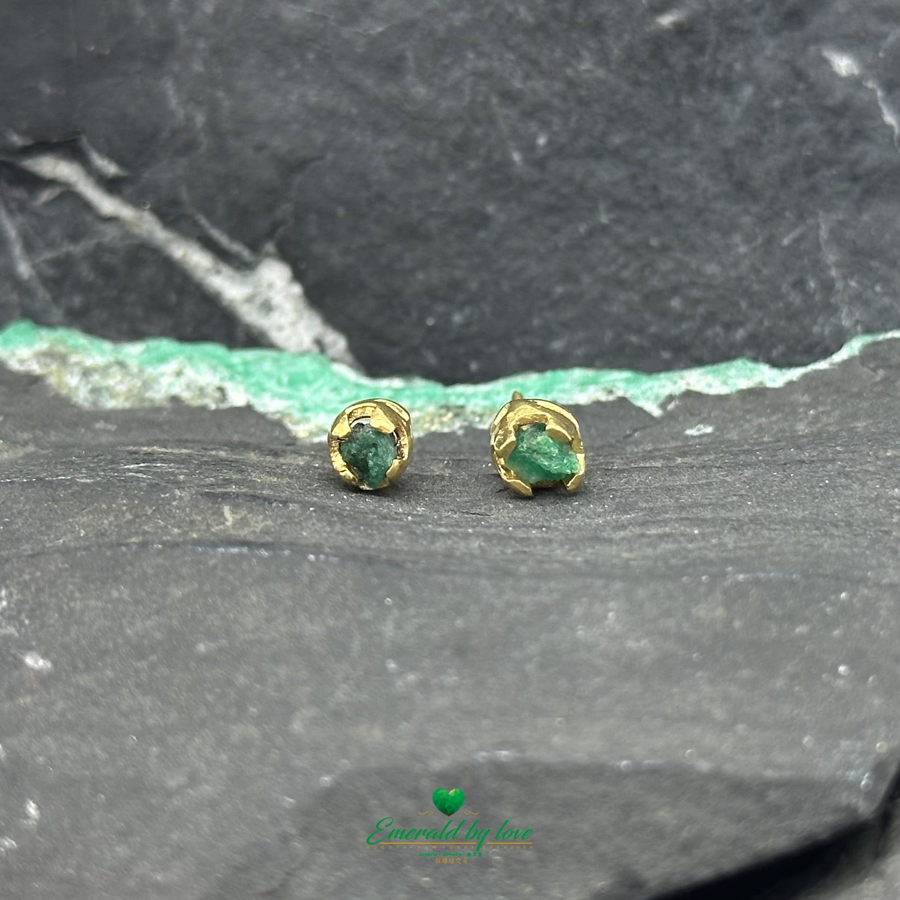 Tiny Studs Earrings with Natural Rough Colombian Emeralds