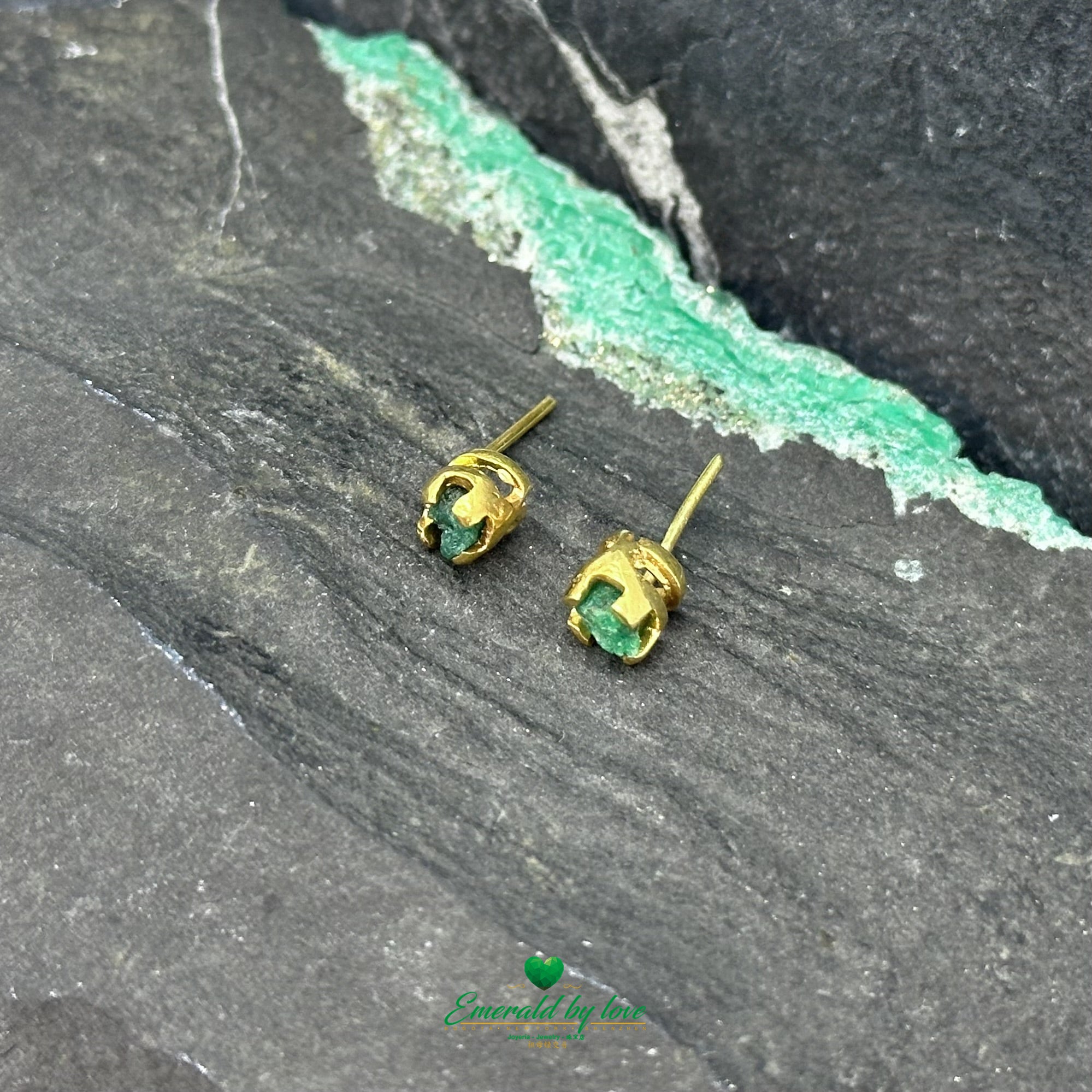 Tiny Studs Earrings with Natural Rough Colombian Emeralds