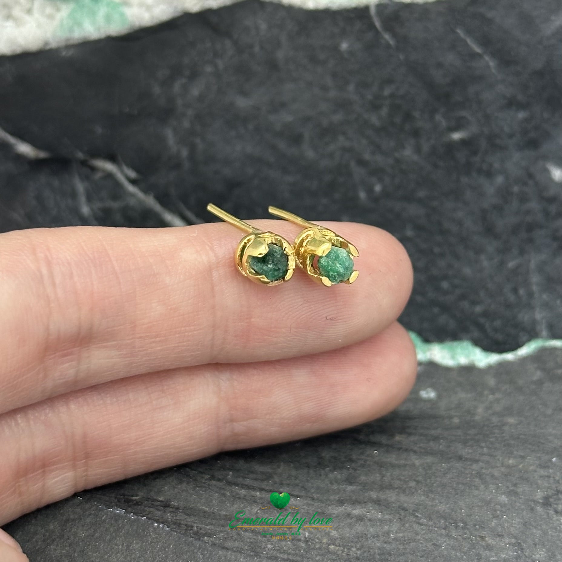 Tiny Studs Earrings with Natural Rough Colombian Emeralds