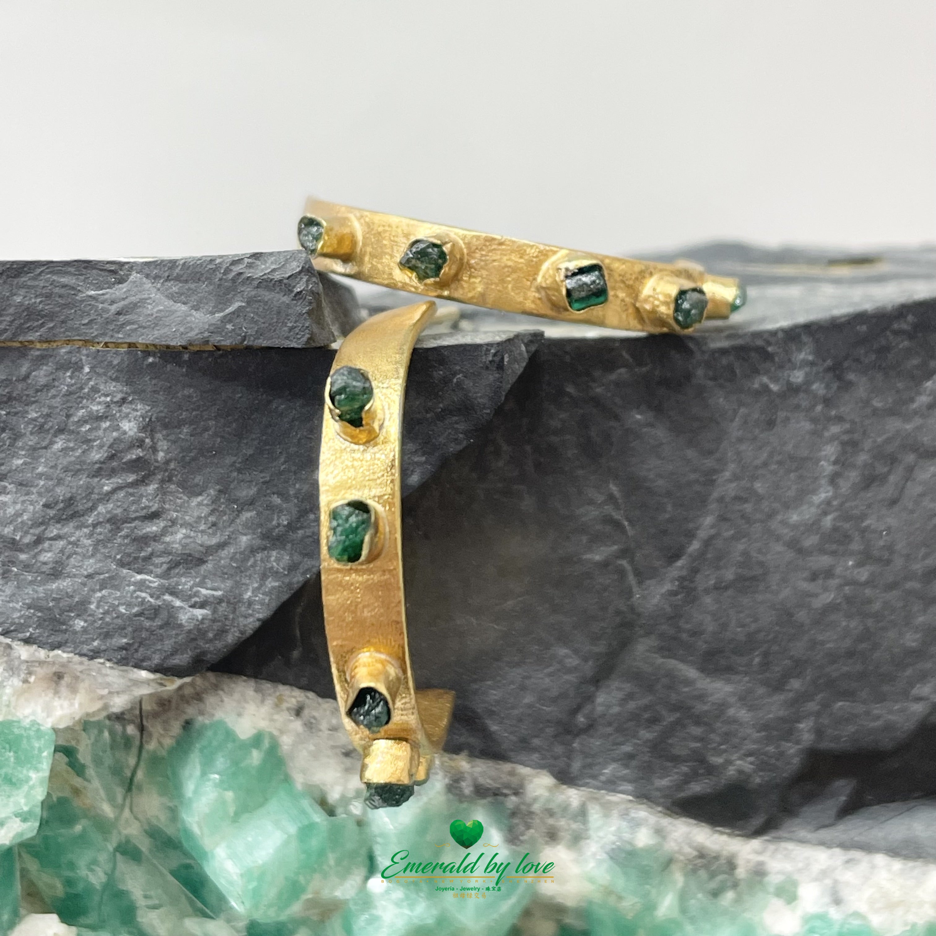 Sunburst Design 24k Gold-Plated Hoop Earrings with Rough-Cut Emerald