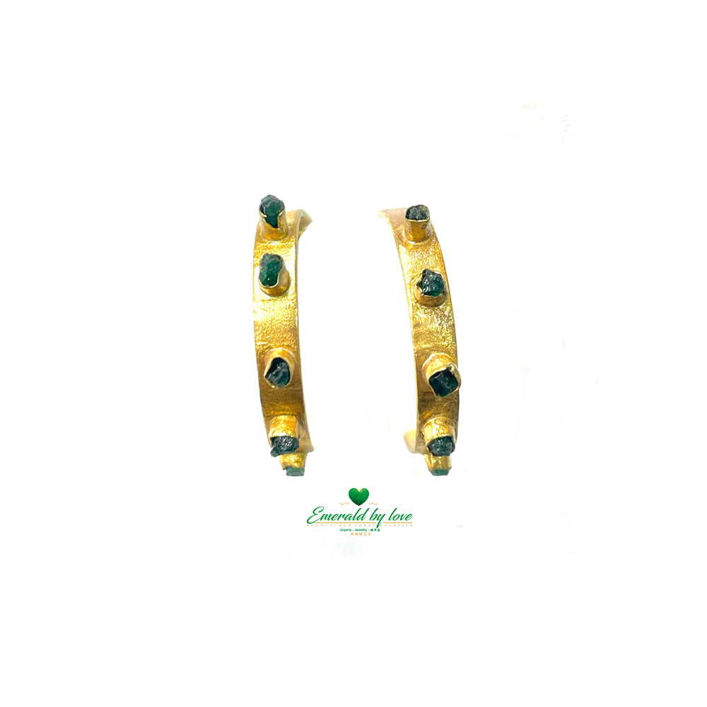 Sunburst Design 24k Gold-Plated Hoop Earrings with Rough-Cut Emerald