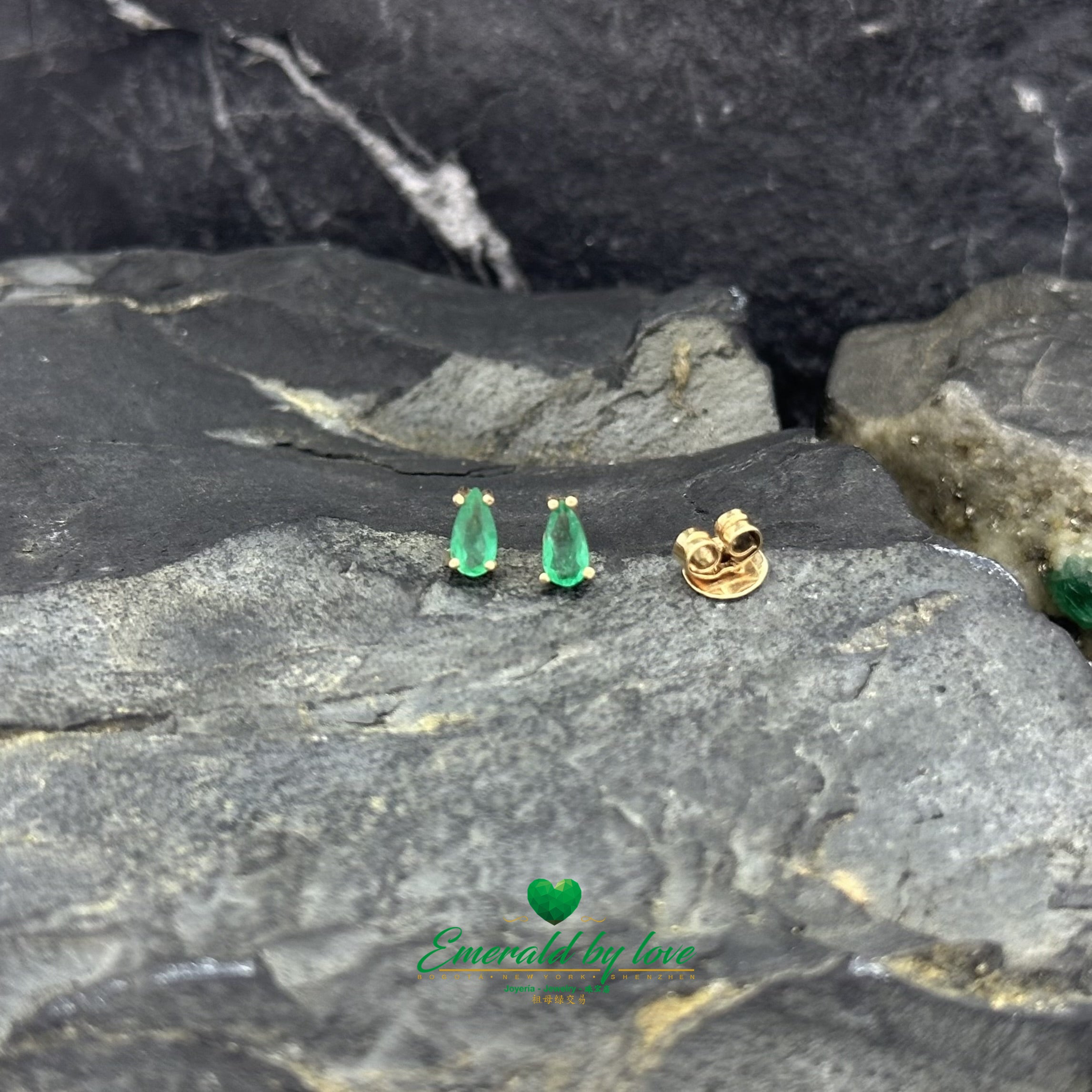 Tiny Yellow Gold Studs with Teardrop-Shaped Emeralds