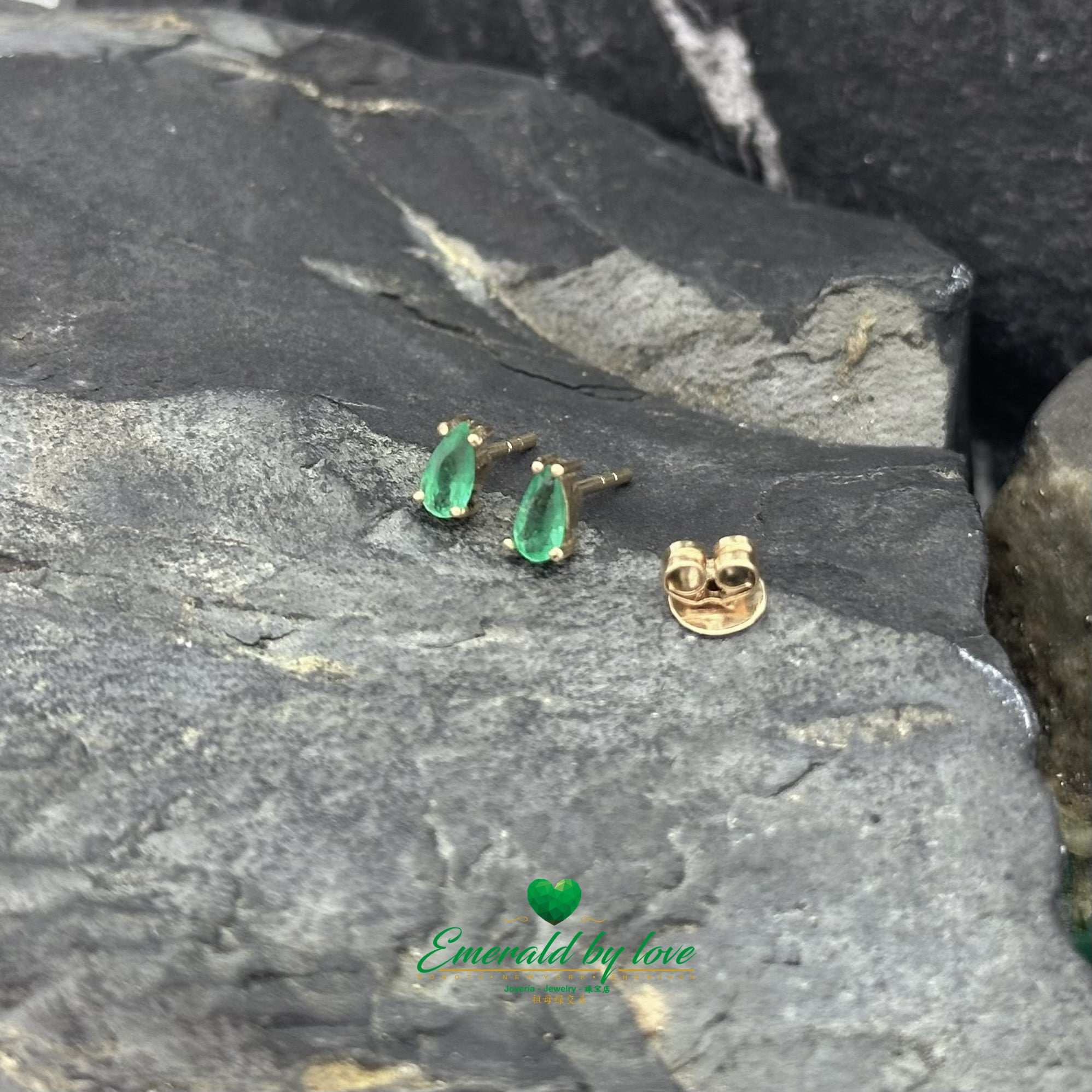 Tiny Yellow Gold Studs with Teardrop-Shaped Emeralds