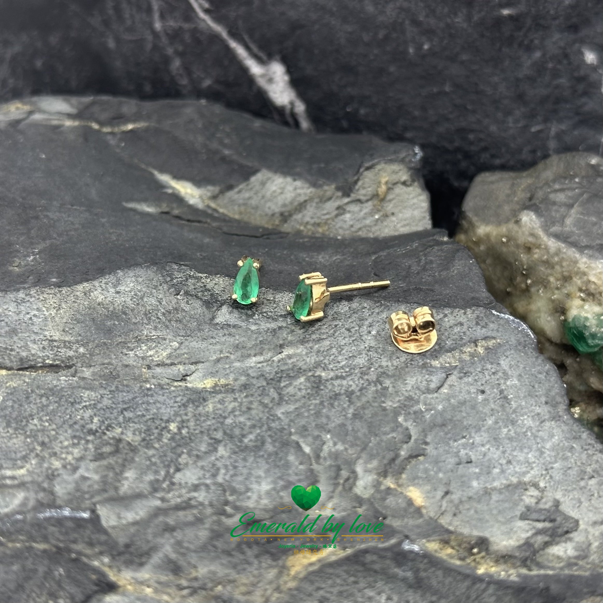 Tiny Yellow Gold Studs with Teardrop-Shaped Emeralds