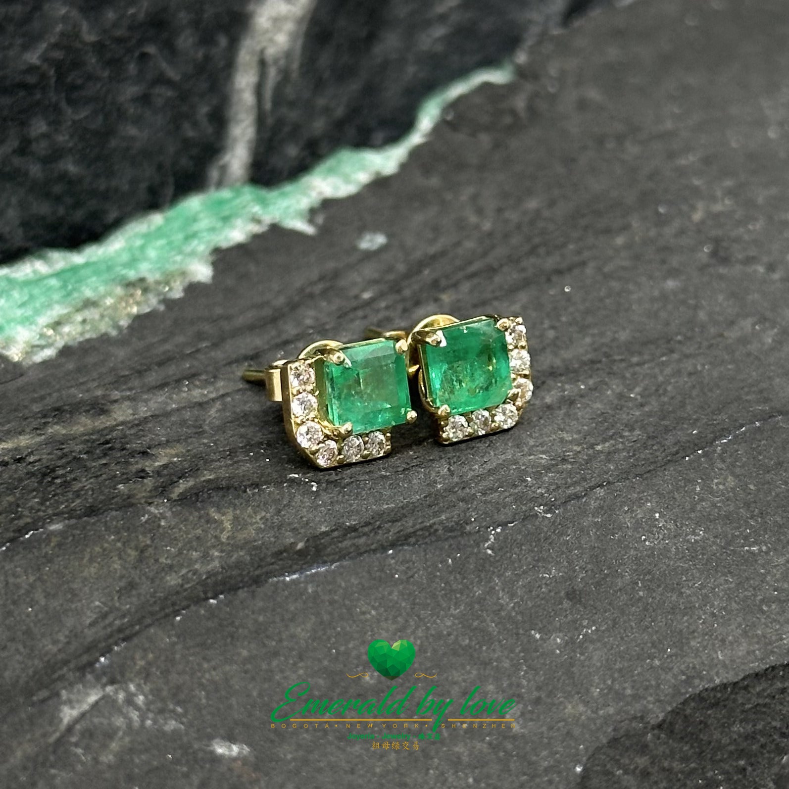 Minimalist Yellow Gold Earrings: 1.45 TCW Colombian Emeralds and 0.18 CT Diamonds