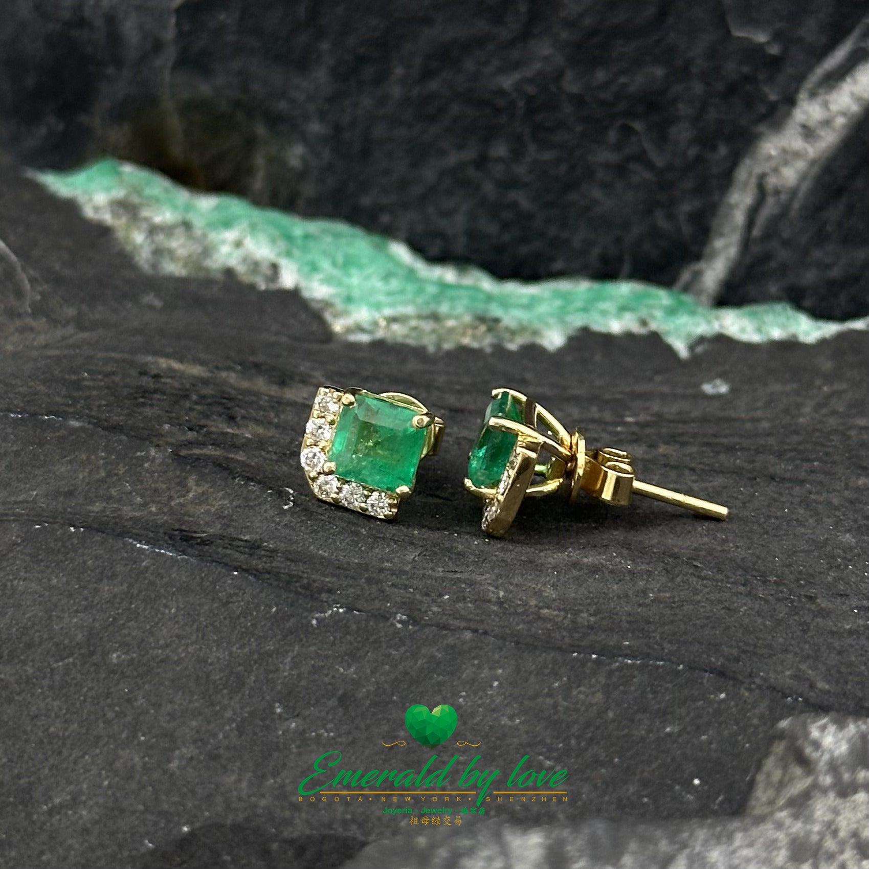 Minimalist Yellow Gold Earrings: 1.45 TCW Colombian Emeralds and 0.18 CT Diamonds