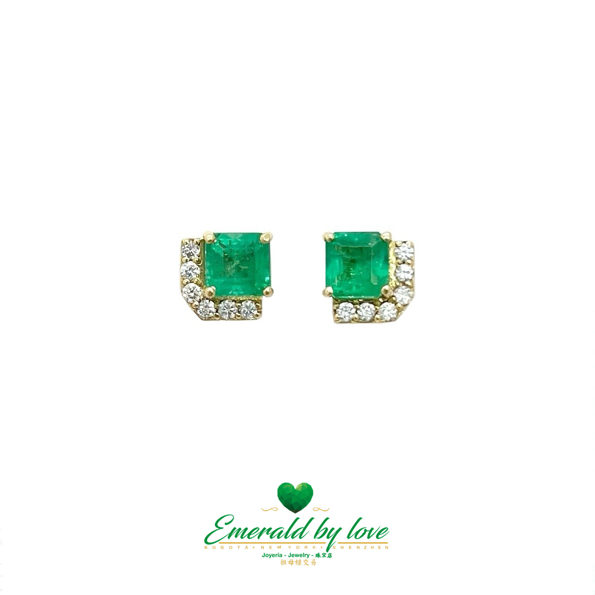 Minimalist Yellow Gold Earrings: 1.45 TCW Colombian Emeralds and 0.18 CT Diamonds