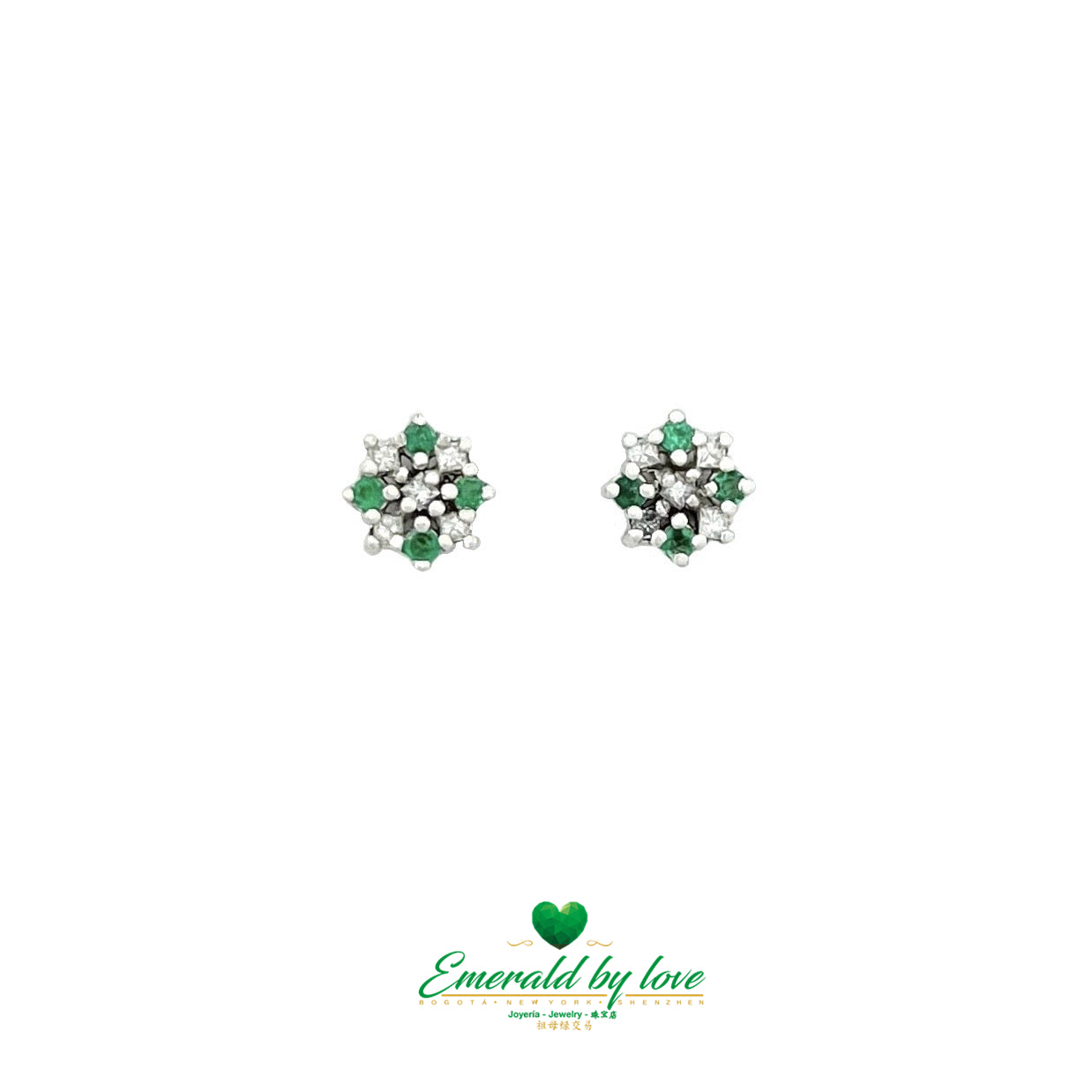 White Gold Stud Earrings with Round Emeralds and Diamonds