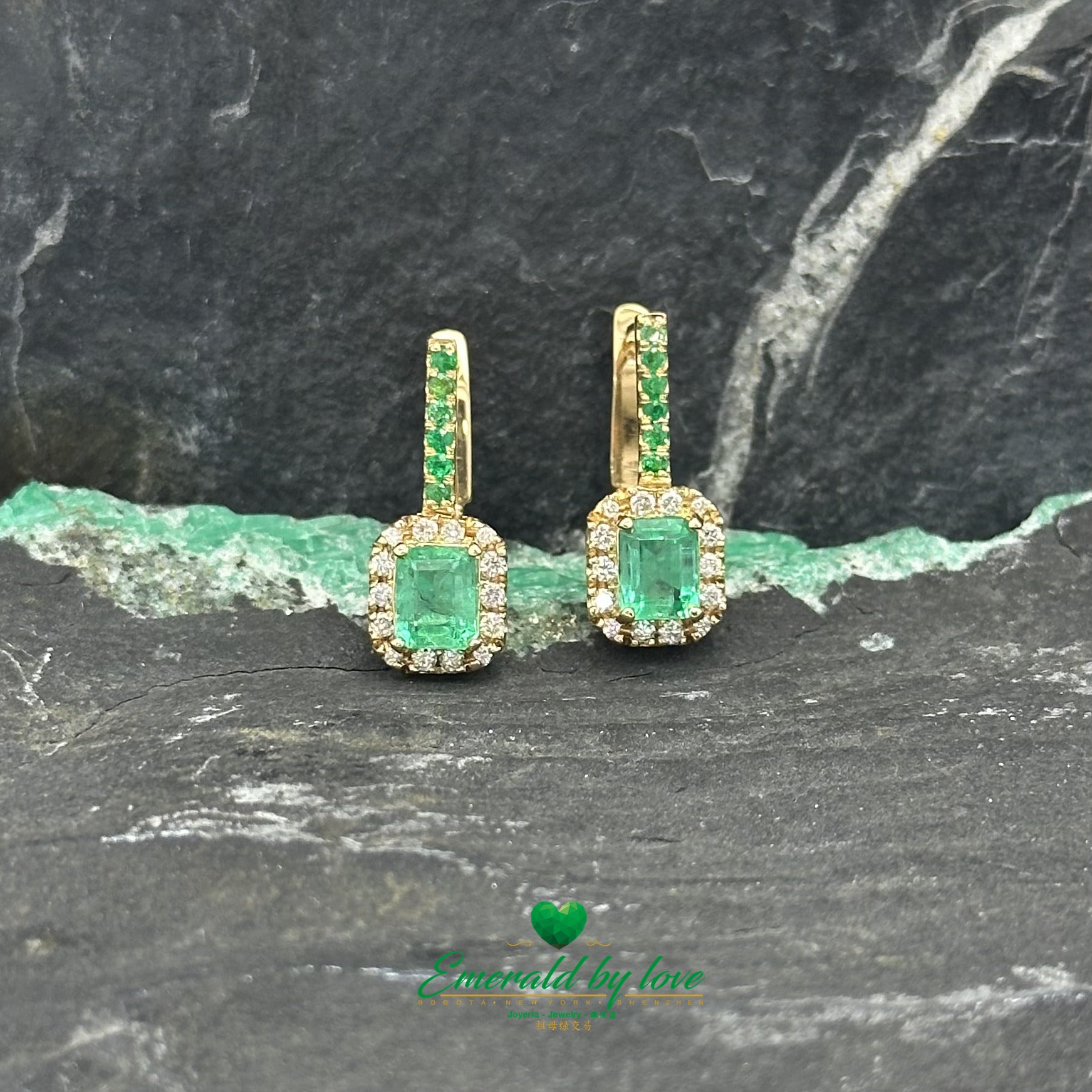 Yellow Gold Hoop Earrings with Emeralds and Marquise-cut Emerald Surrounded by Diamonds