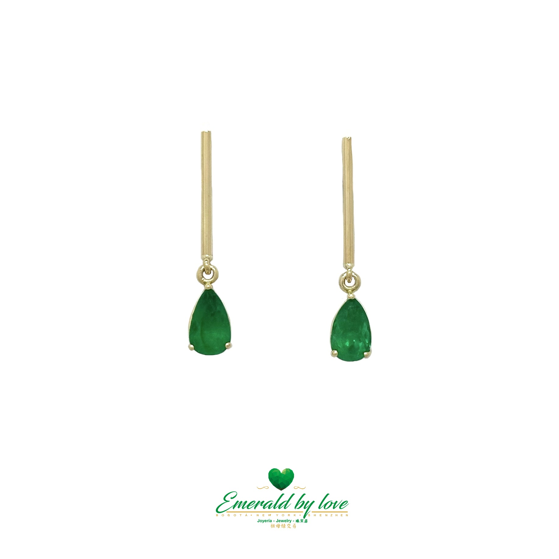 Long Yellow Gold Earrings with Teardrop Emeralds