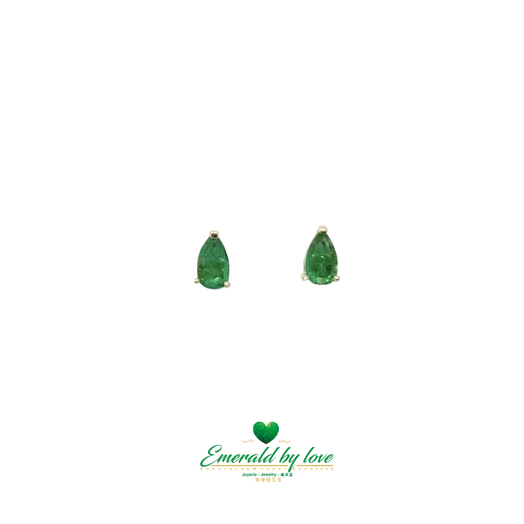 Yellow Gold Studs with Teardrop Emeralds in Three Prongs