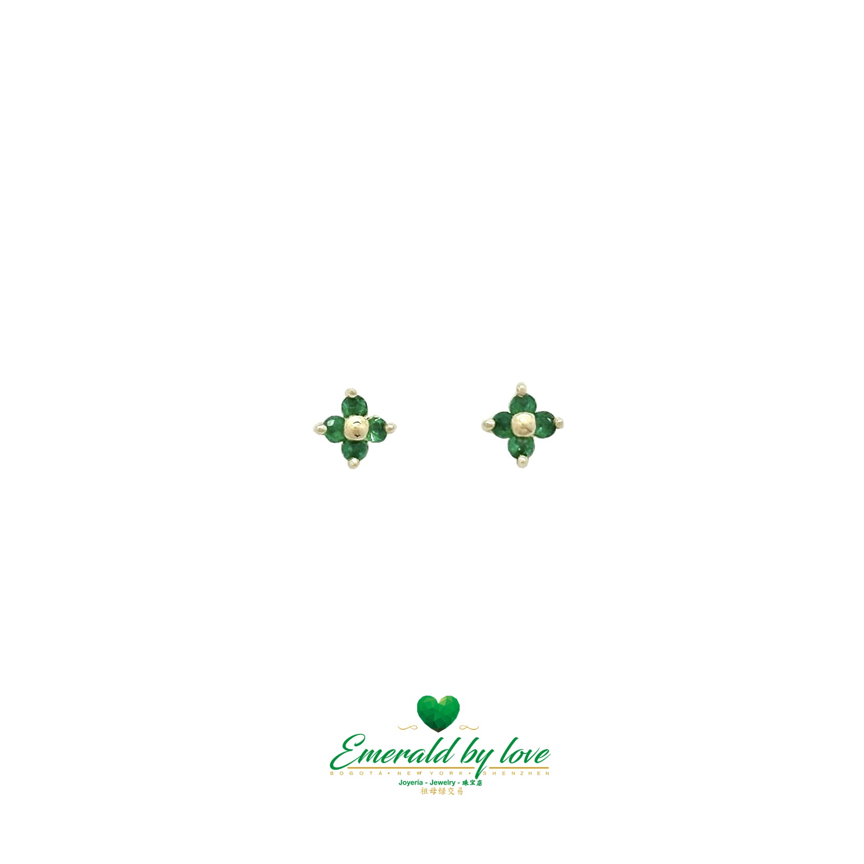 Tiny Floral Studs with Four Petal Design in Emeralds