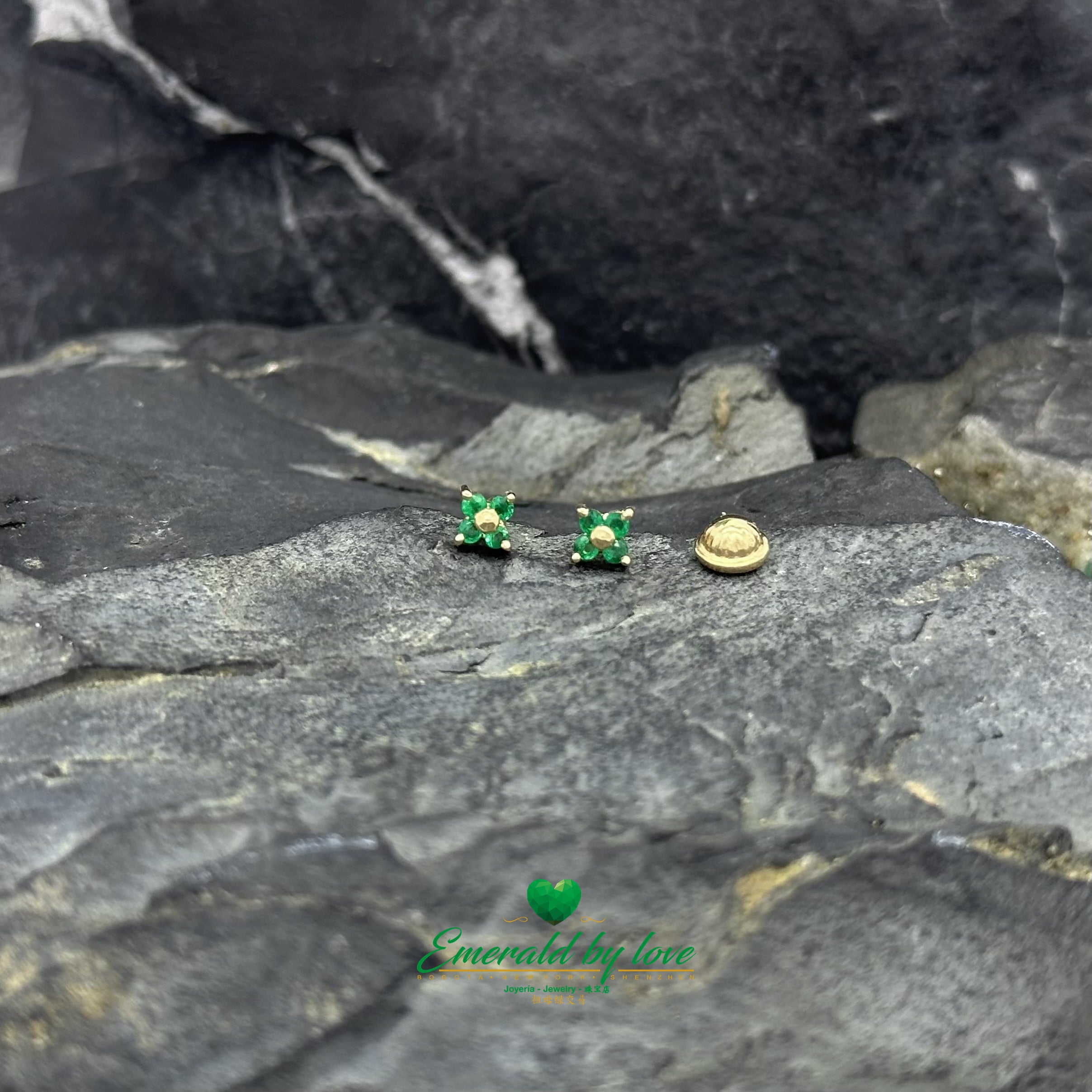 Tiny Floral Studs with Four Petal Design in Emeralds