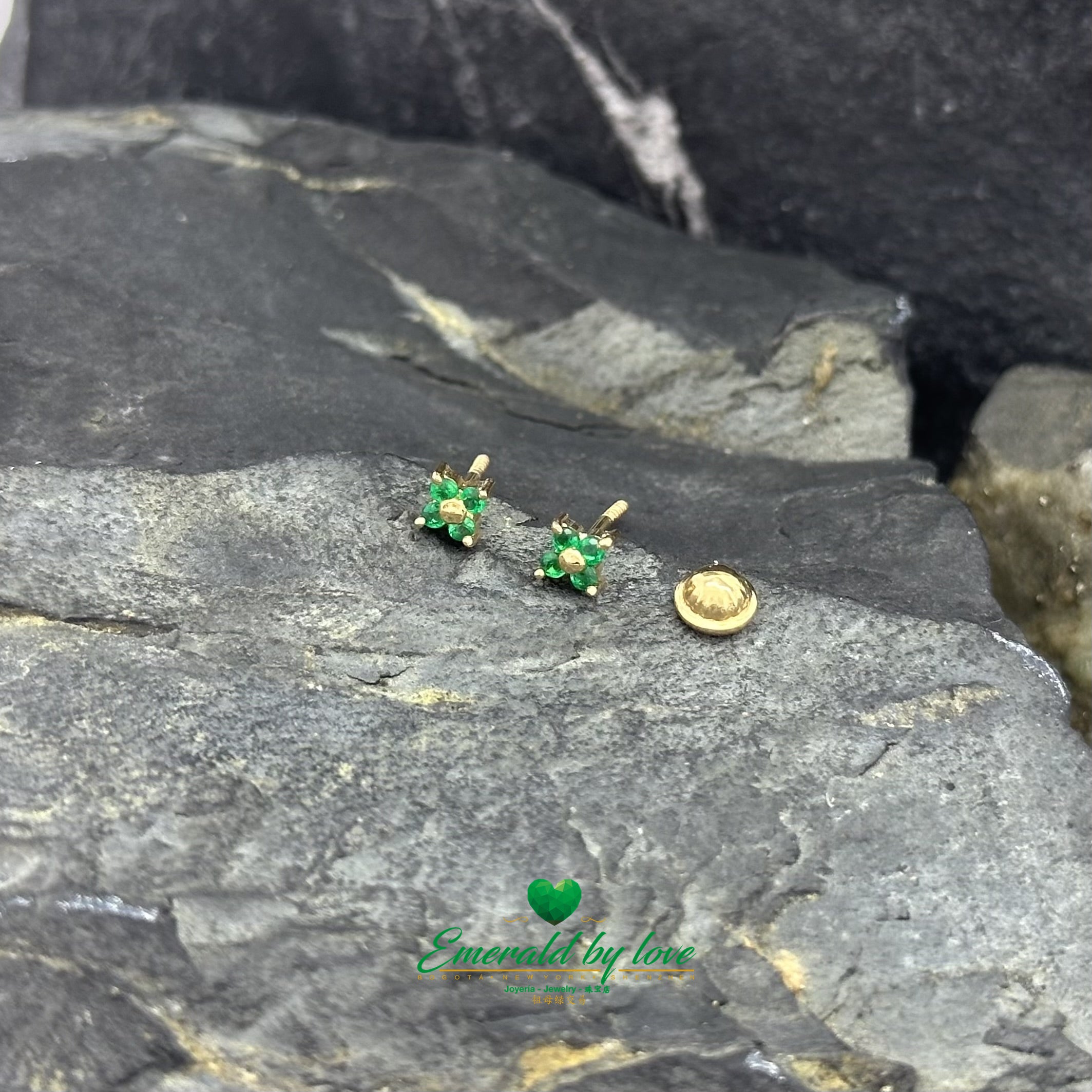 Tiny Floral Studs with Four Petal Design in Emeralds