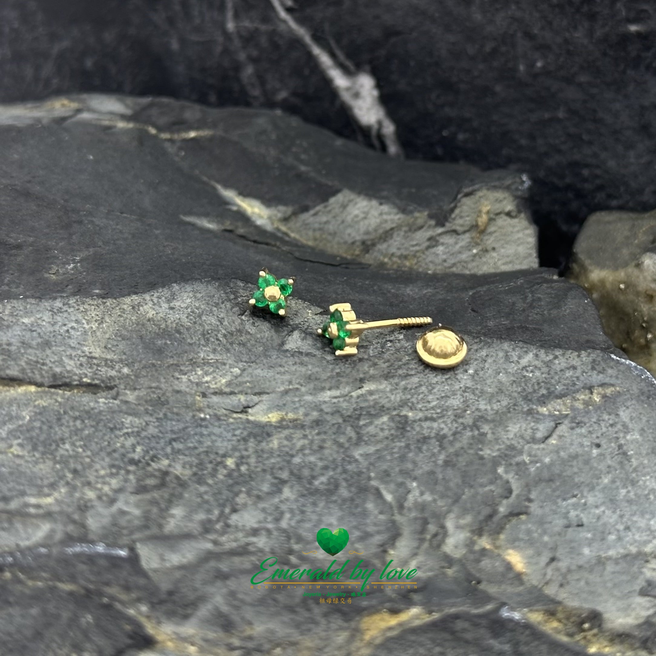 Tiny Floral Studs with Four Petal Design in Emeralds