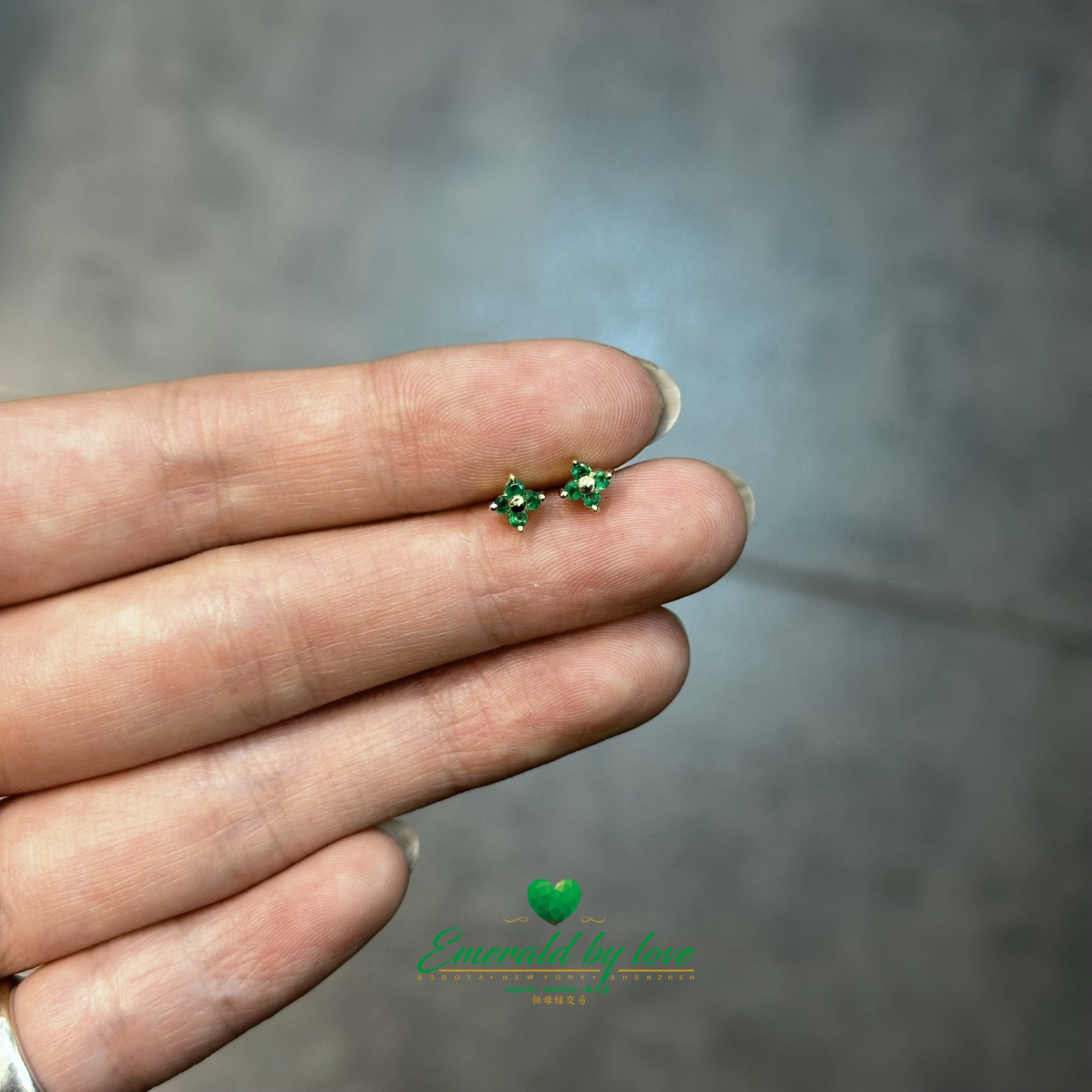 Tiny Floral Studs with Four Petal Design in Emeralds