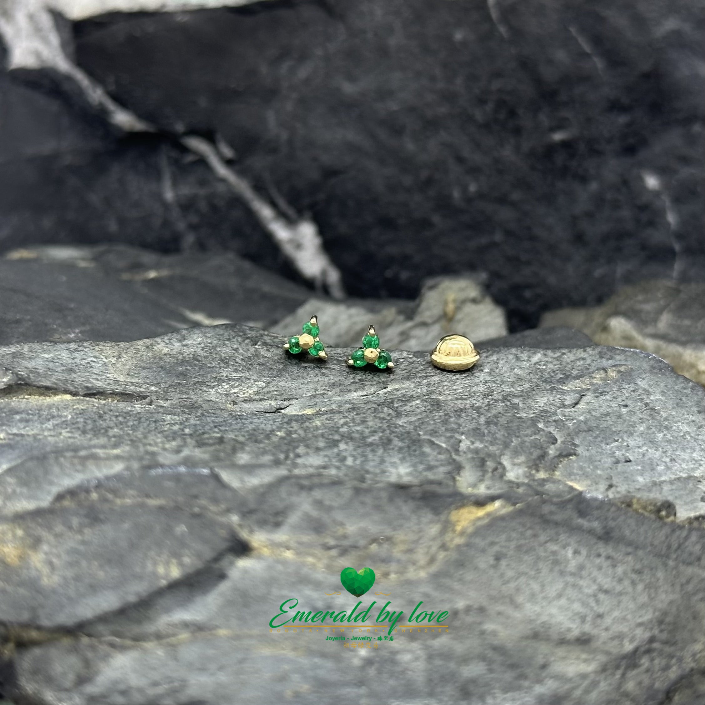 Tiny Floral Studs with Three Petal Design in Emeralds