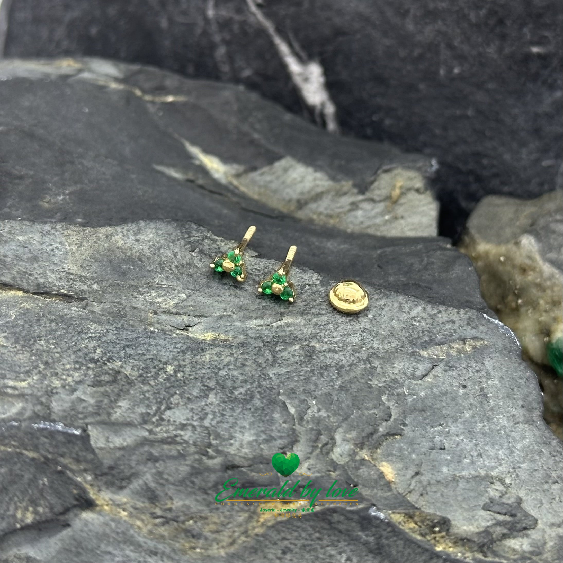 Tiny Floral Studs with Three Petal Design in Emeralds