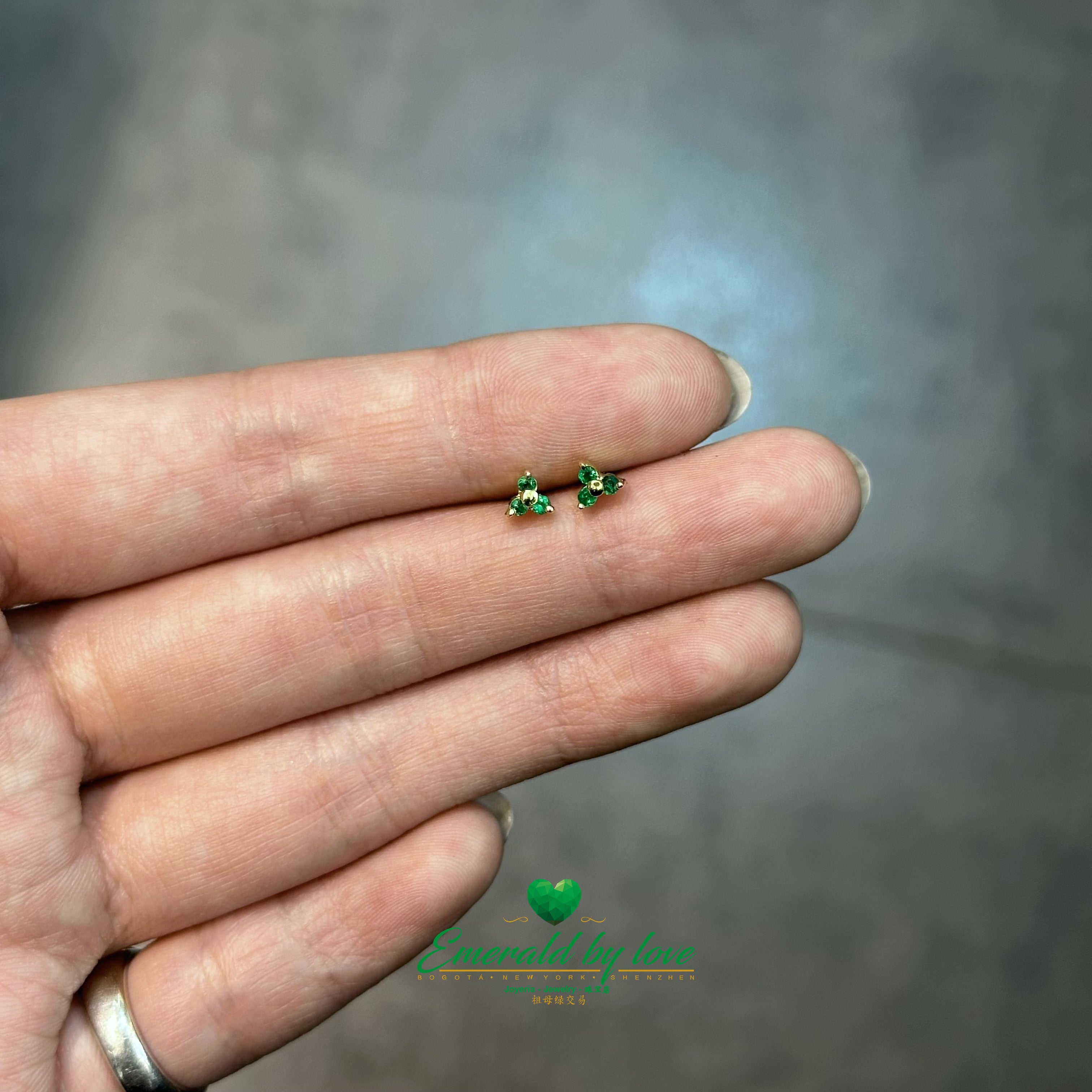 Tiny Floral Studs with Three Petal Design in Emeralds