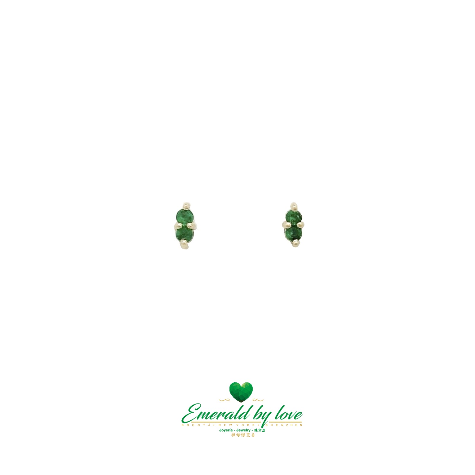 Delicate Yellow Gold Earrings with Two Round Emeralds