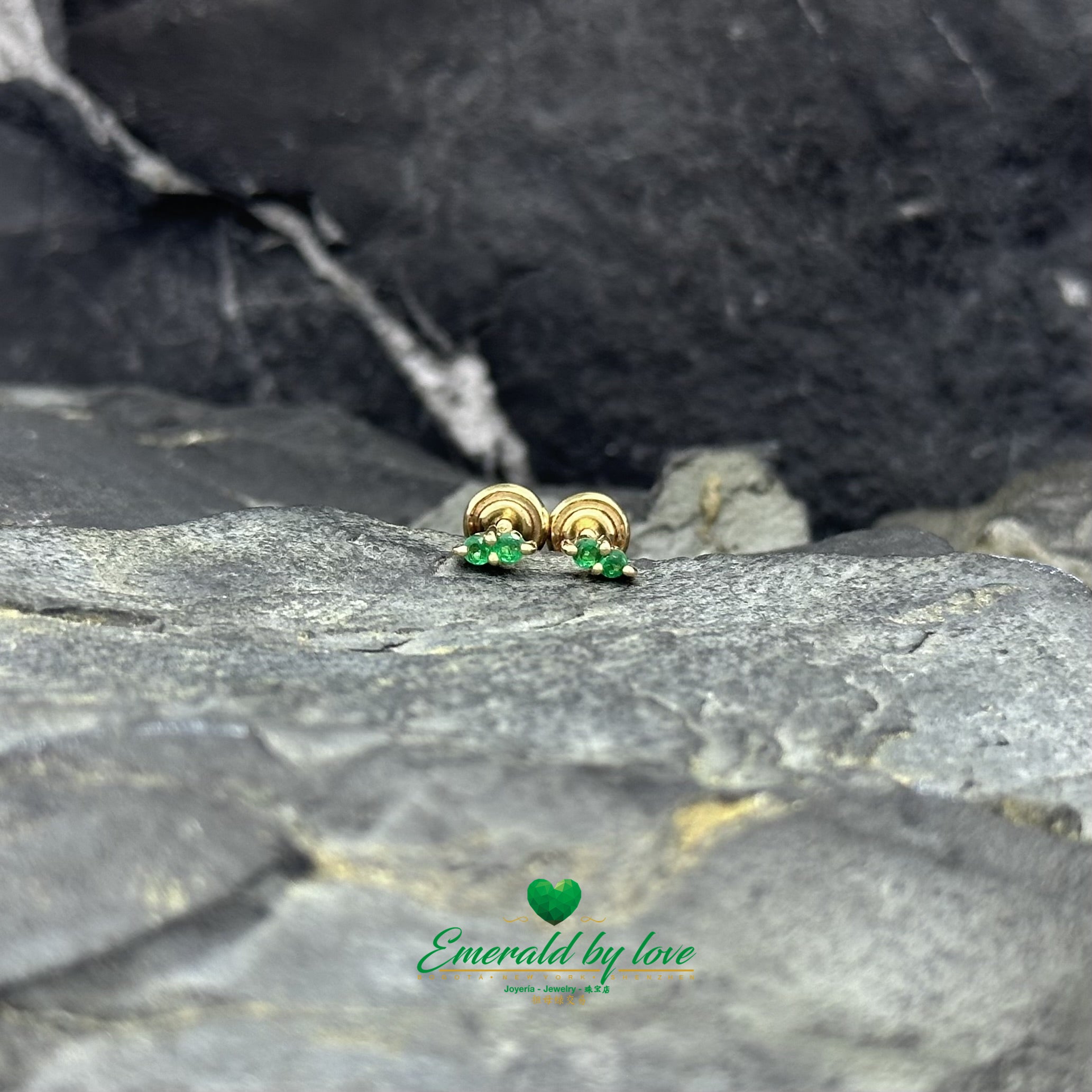 Delicate Yellow Gold Earrings with Two Round Emeralds