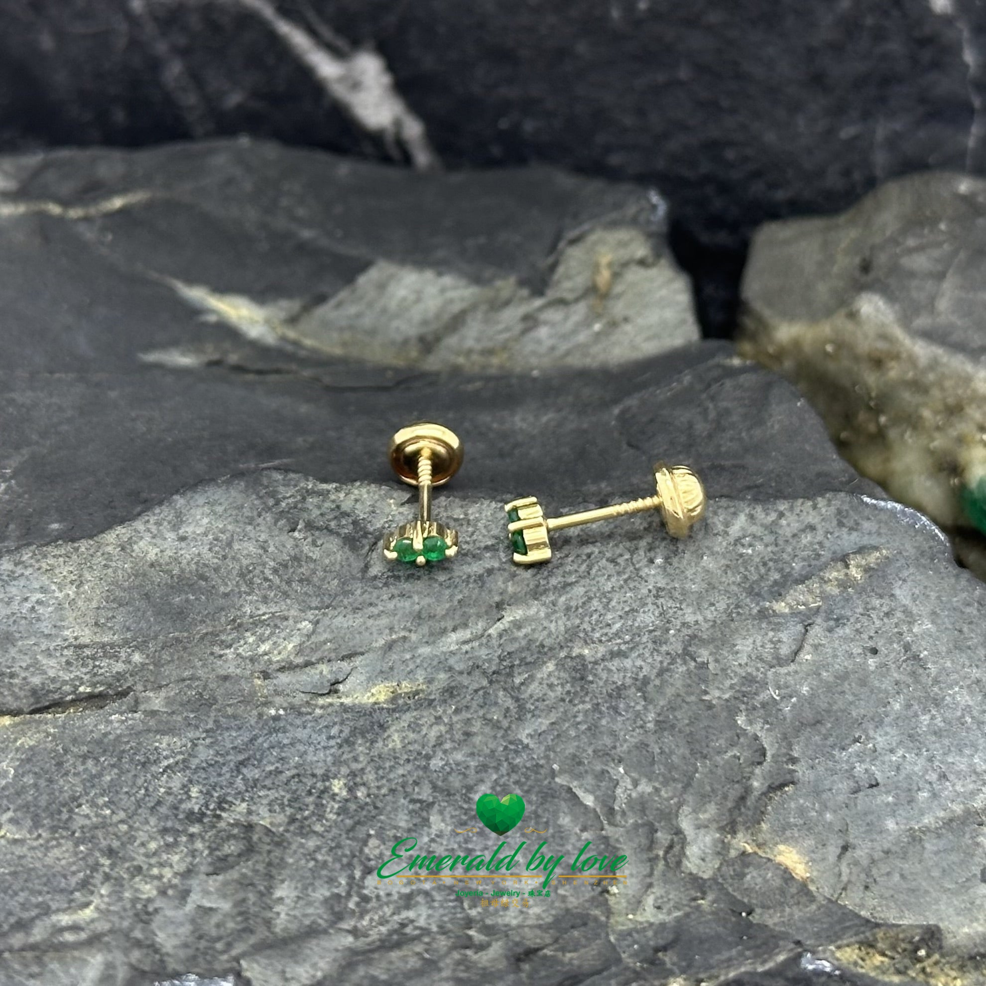 Delicate Yellow Gold Earrings with Two Round Emeralds