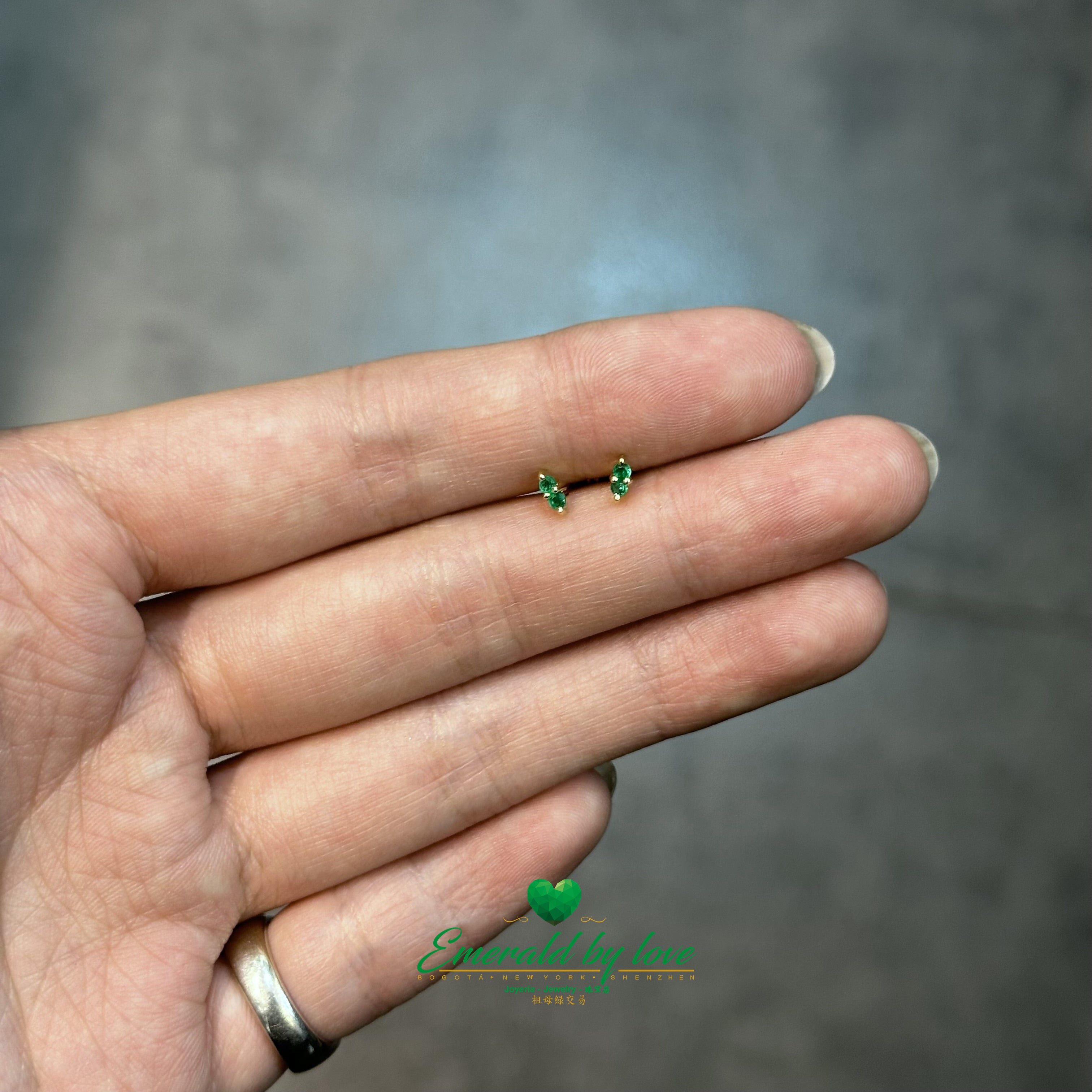 Delicate Yellow Gold Earrings with Two Round Emeralds