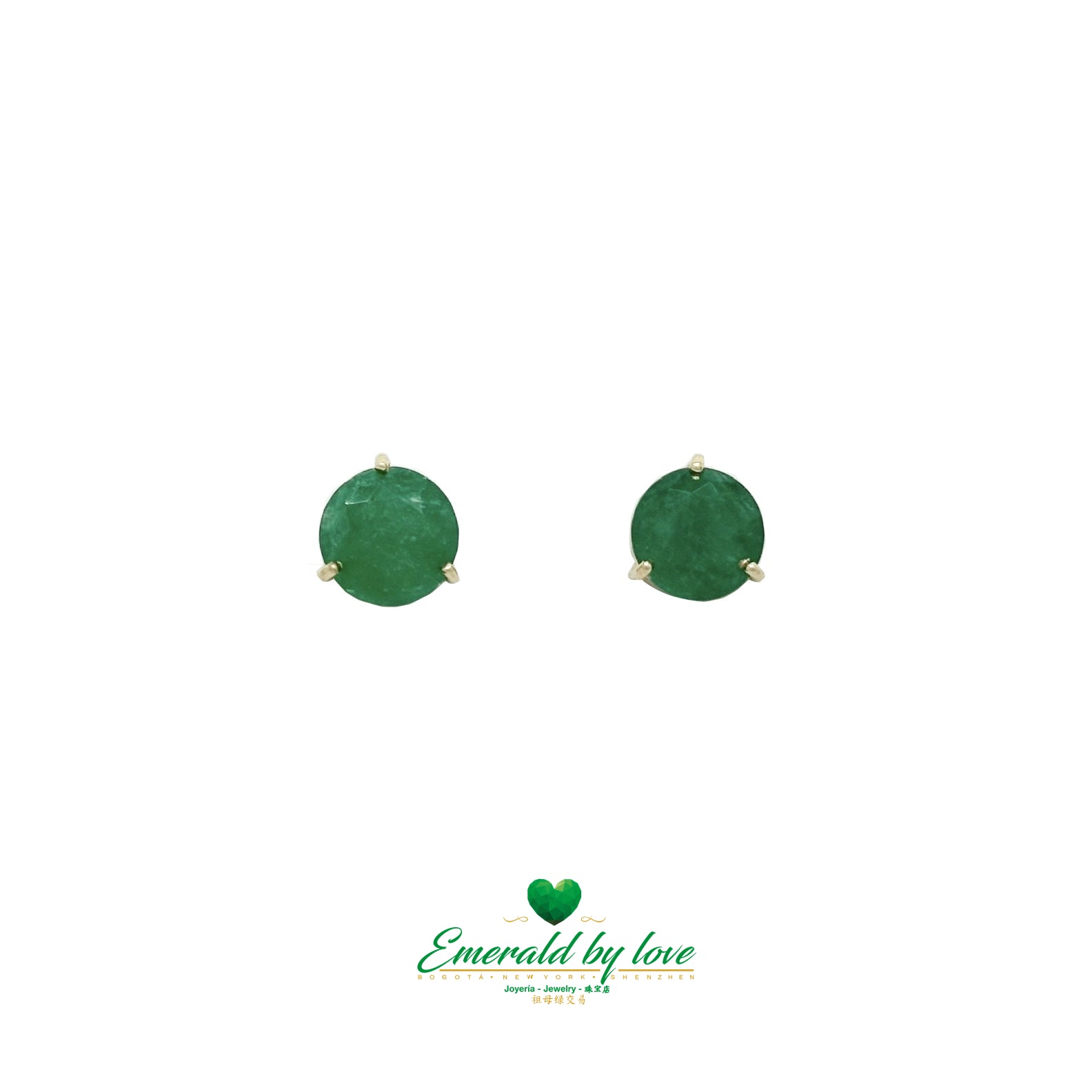 Elegant Yellow Gold Earrings with Round Emeralds totaling 3 TCW