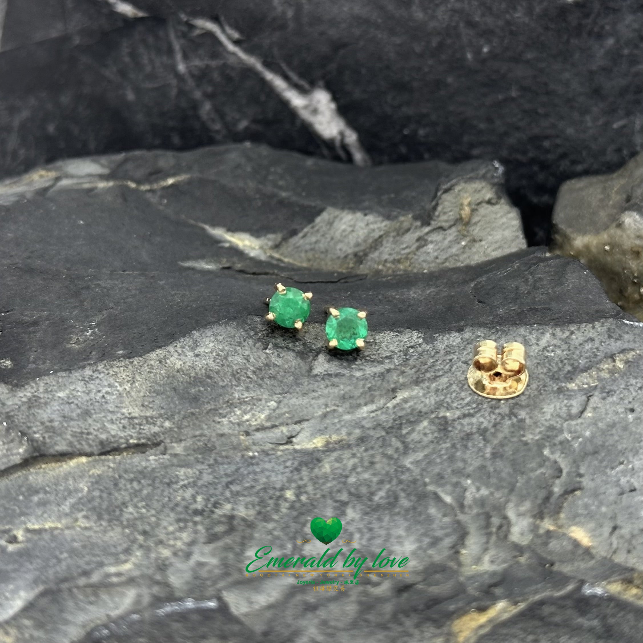 Tiny Yellow Gold Earrings with Small Crystal Emeralds Set in Four Prongs