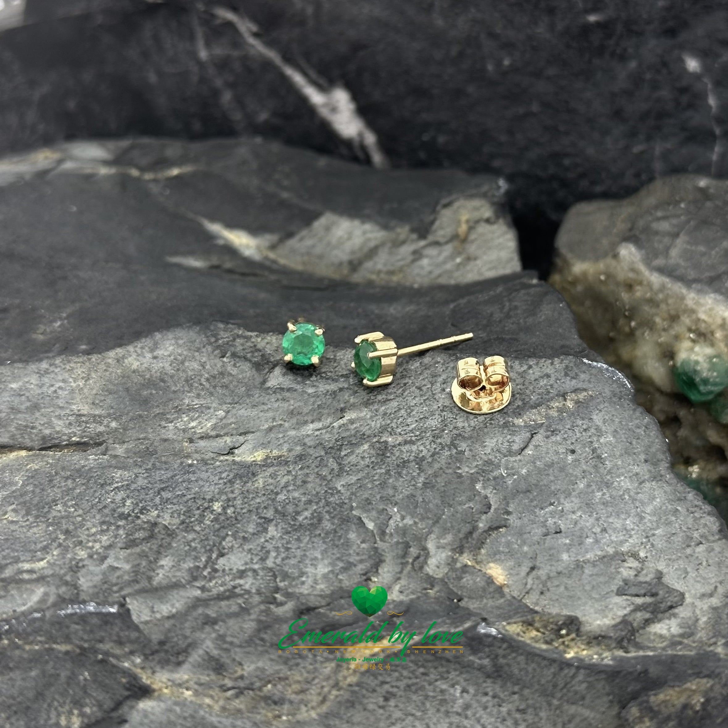 Tiny Yellow Gold Earrings with Small Crystal Emeralds Set in Four Prongs