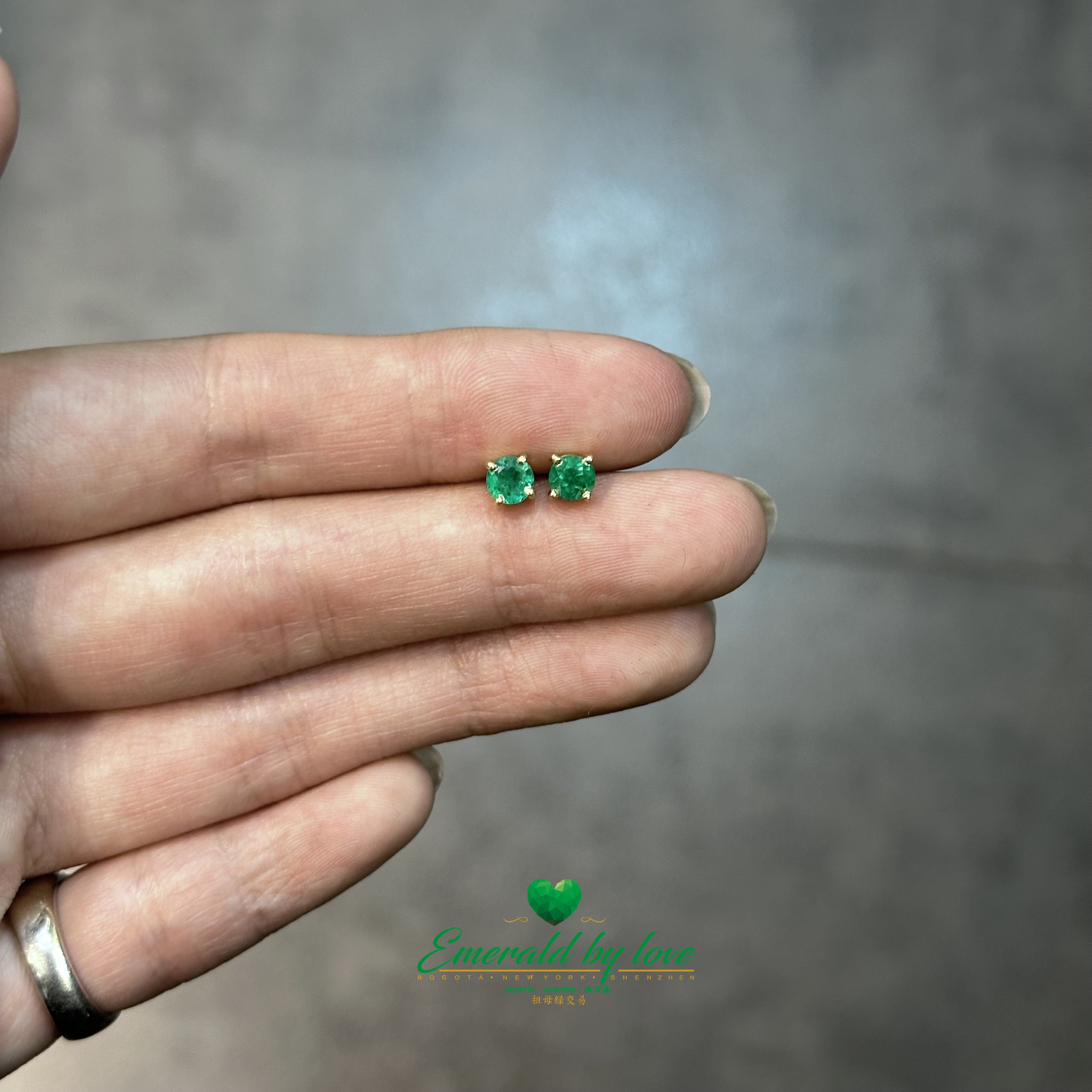 Tiny Yellow Gold Earrings with Small Crystal Emeralds Set in Four Prongs