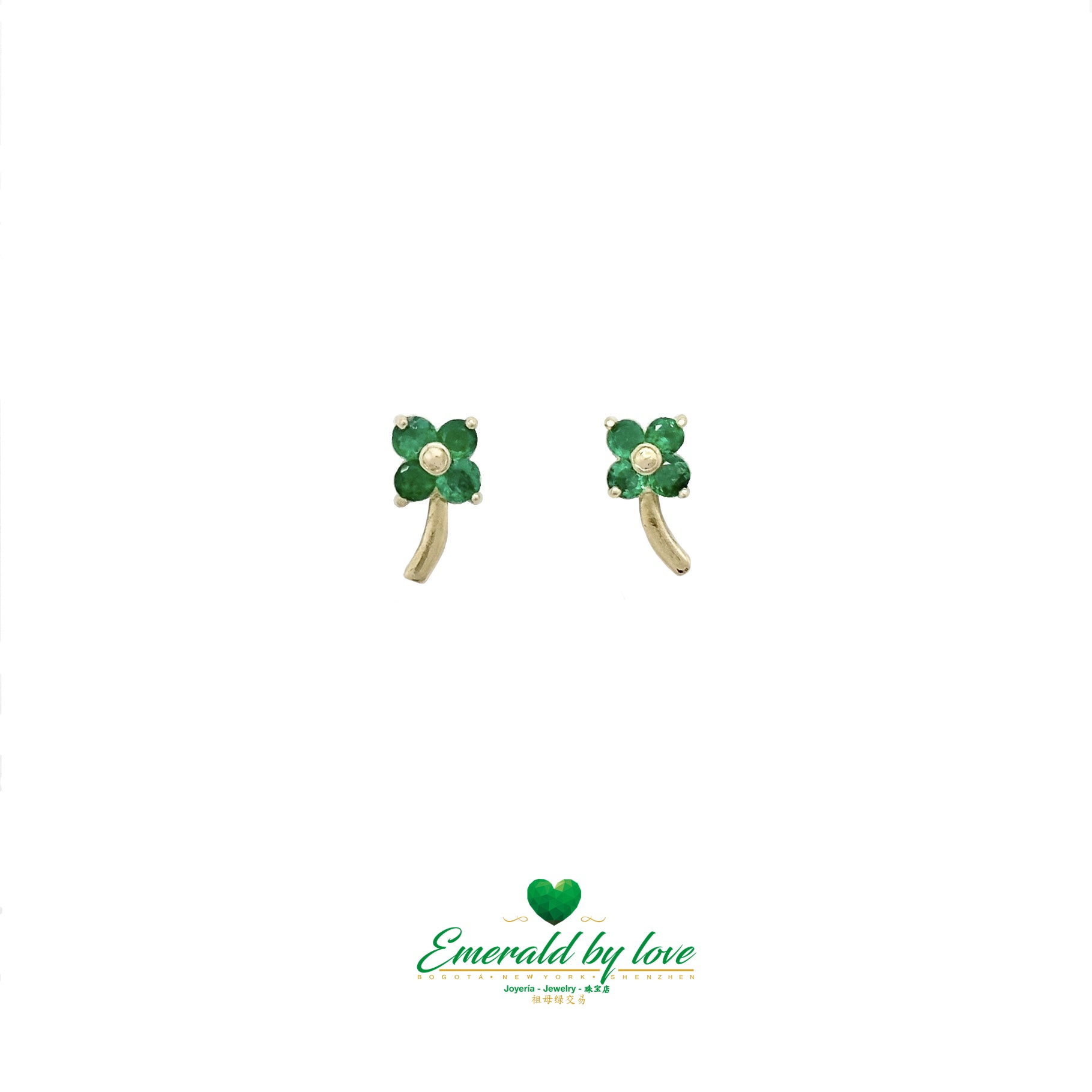 Tiny Clover Earrings with Emerald Petals and Stem