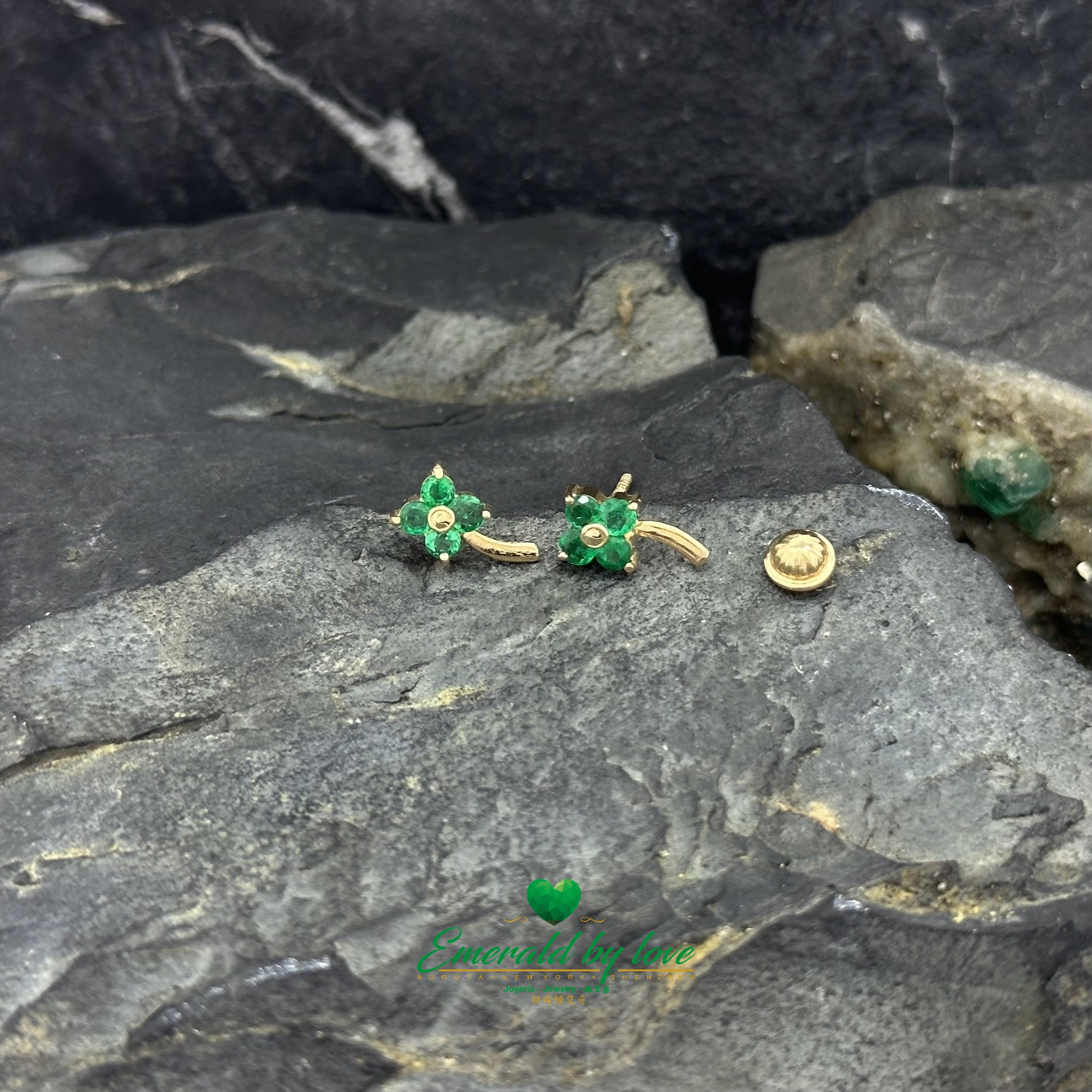 Tiny Clover Earrings with Emerald Petals and Stem