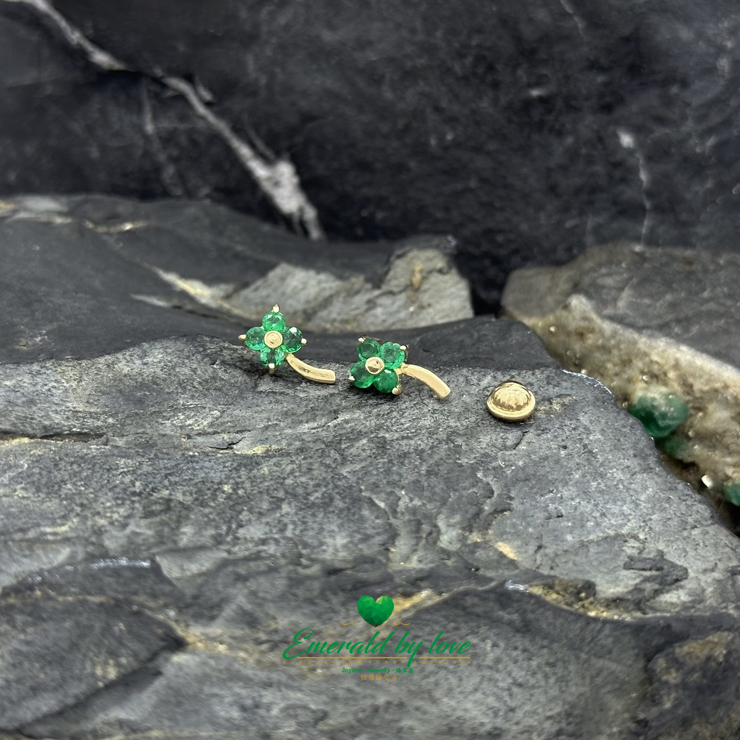 Tiny Clover Earrings with Emerald Petals and Stem