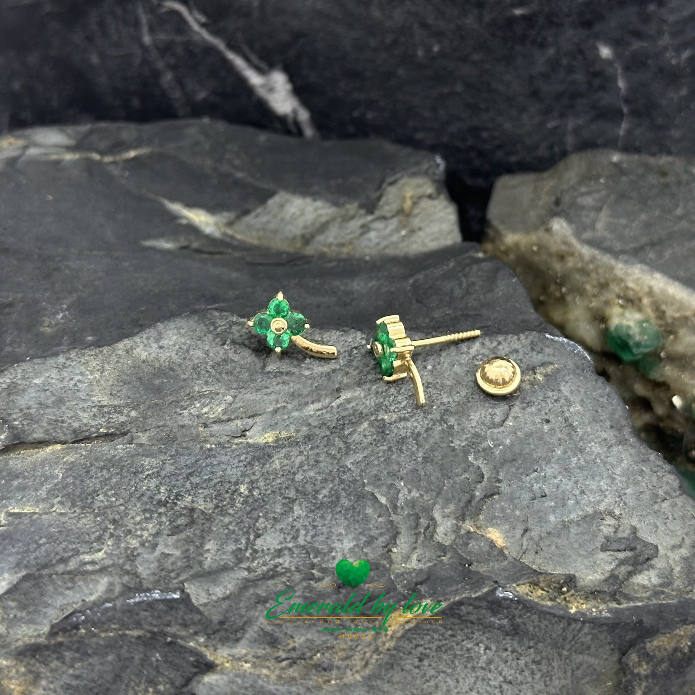 Tiny Clover Earrings with Emerald Petals and Stem