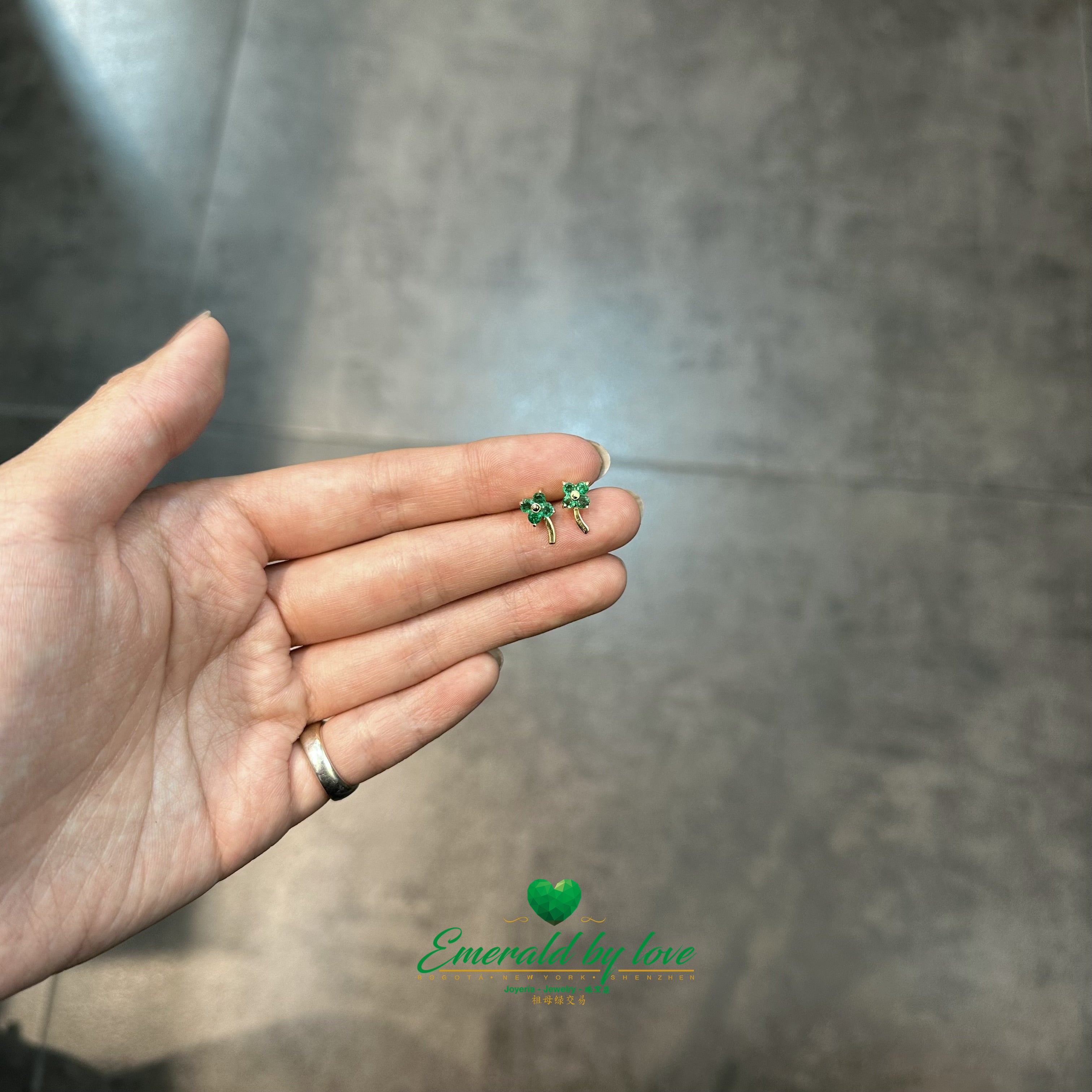 Tiny Clover Earrings with Emerald Petals and Stem