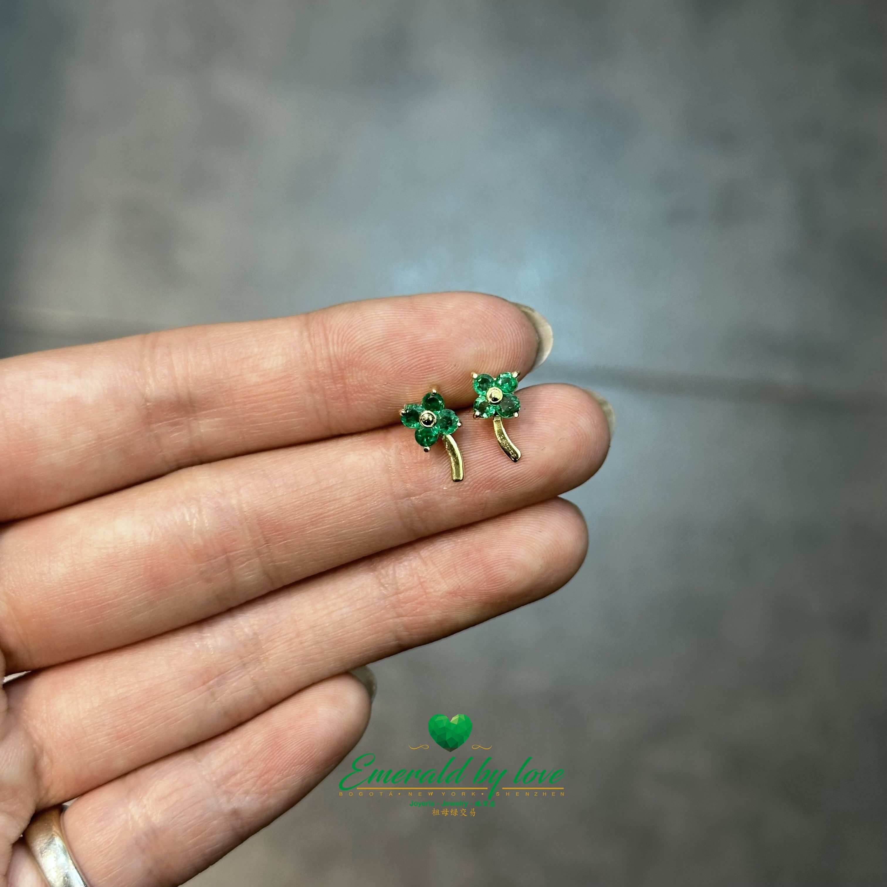 Tiny Clover Earrings with Emerald Petals and Stem