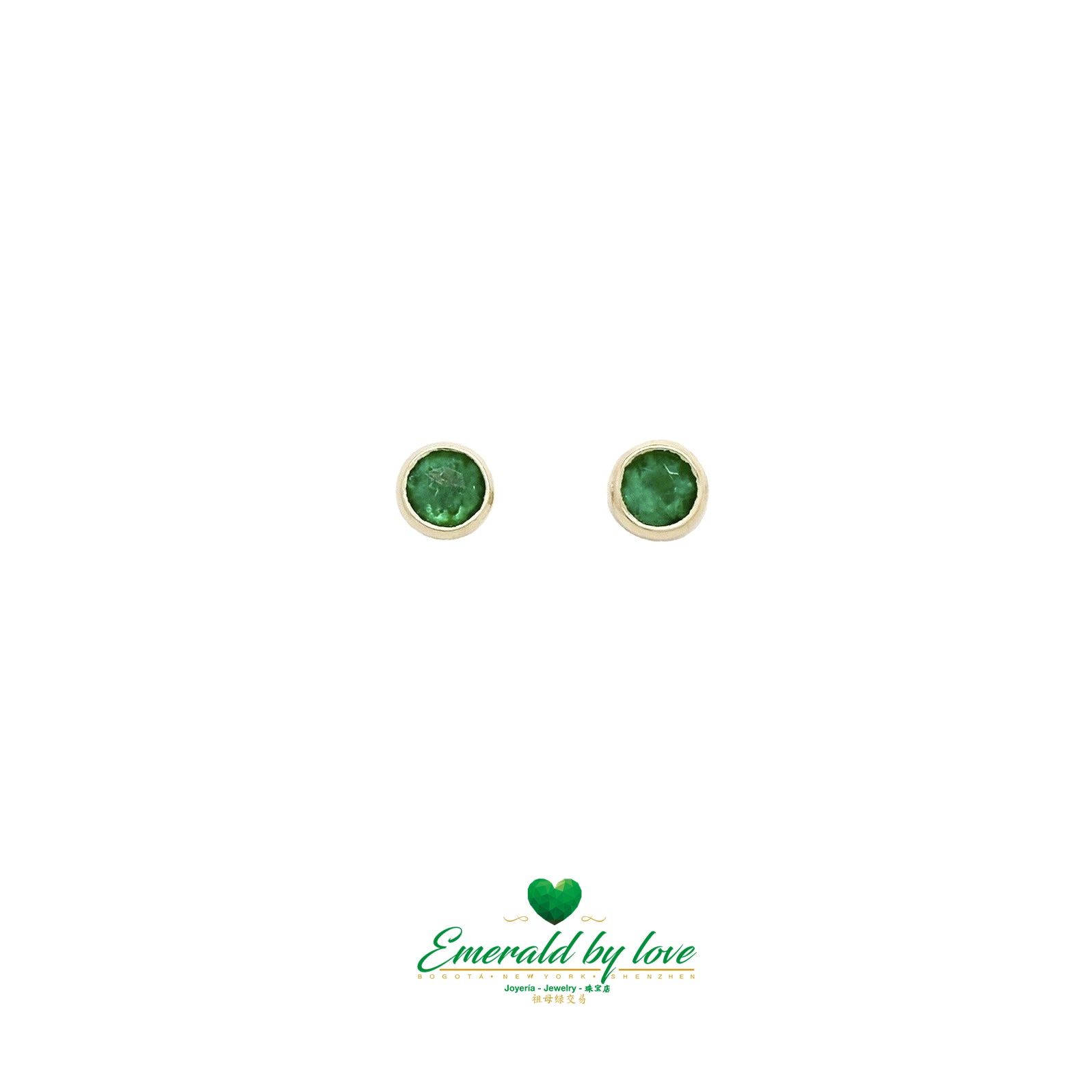 Yellow Gold Round Emerald Studs in Bezel Setting