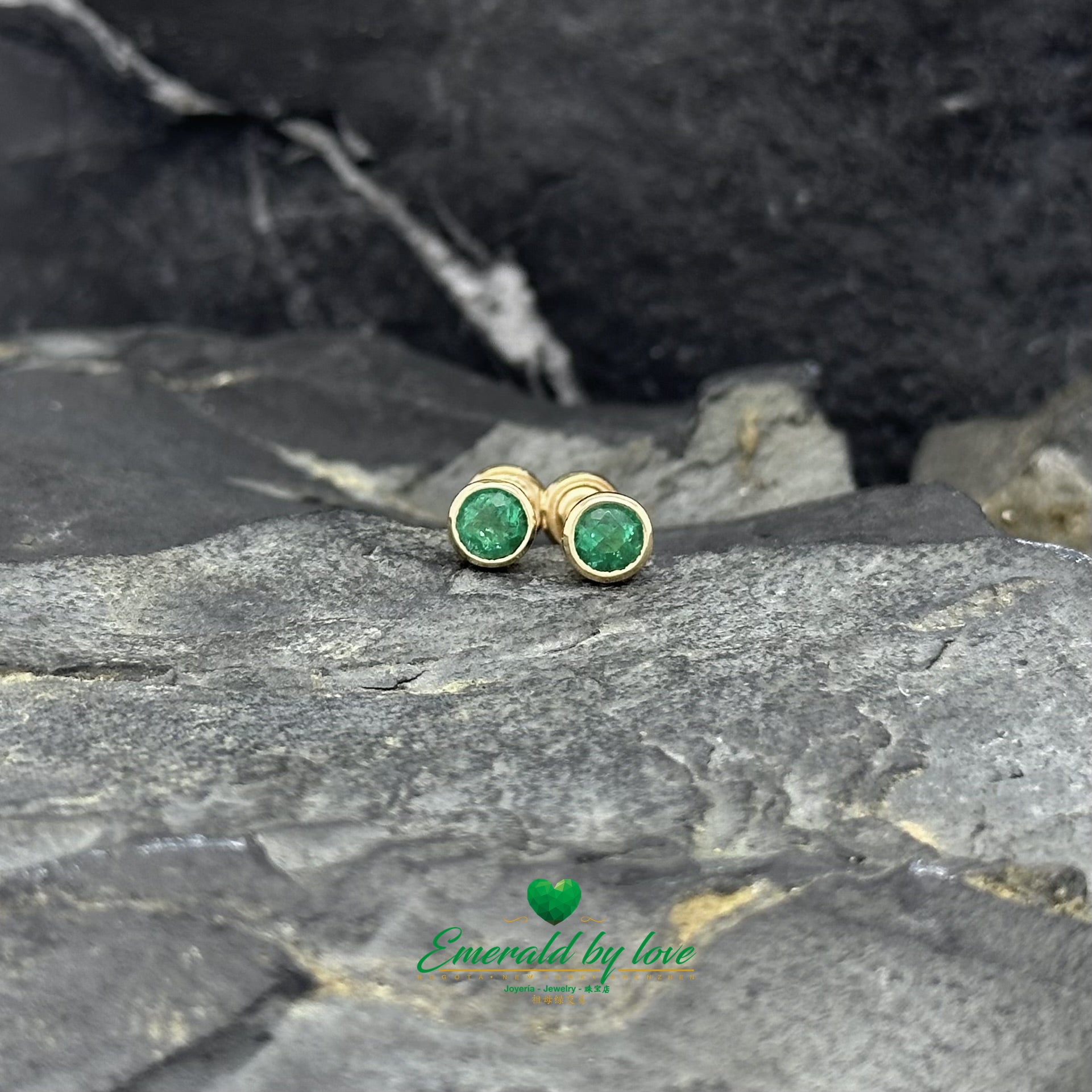 Yellow Gold Round Emerald Studs in Bezel Setting