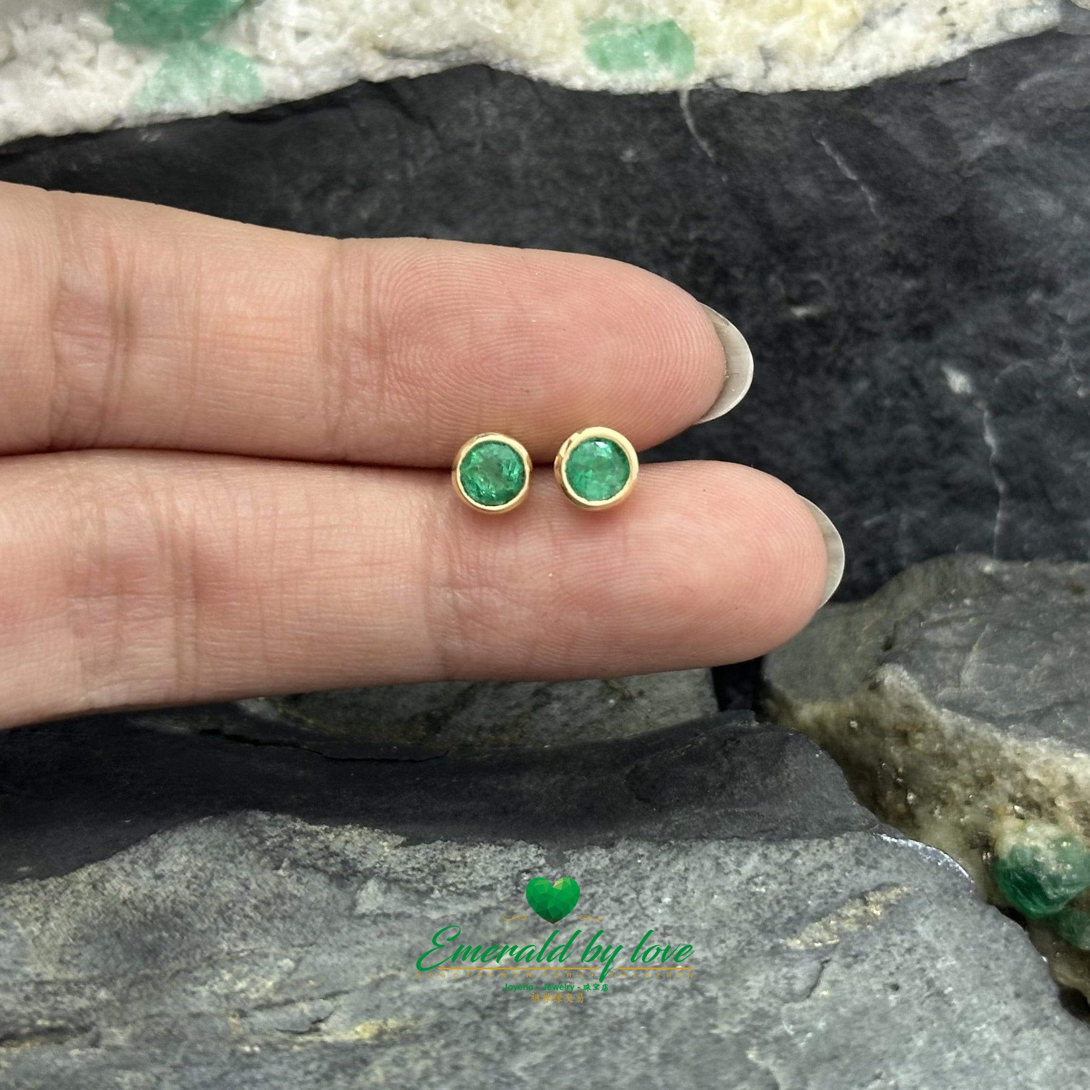 Yellow Gold Round Emerald Studs in Bezel Setting