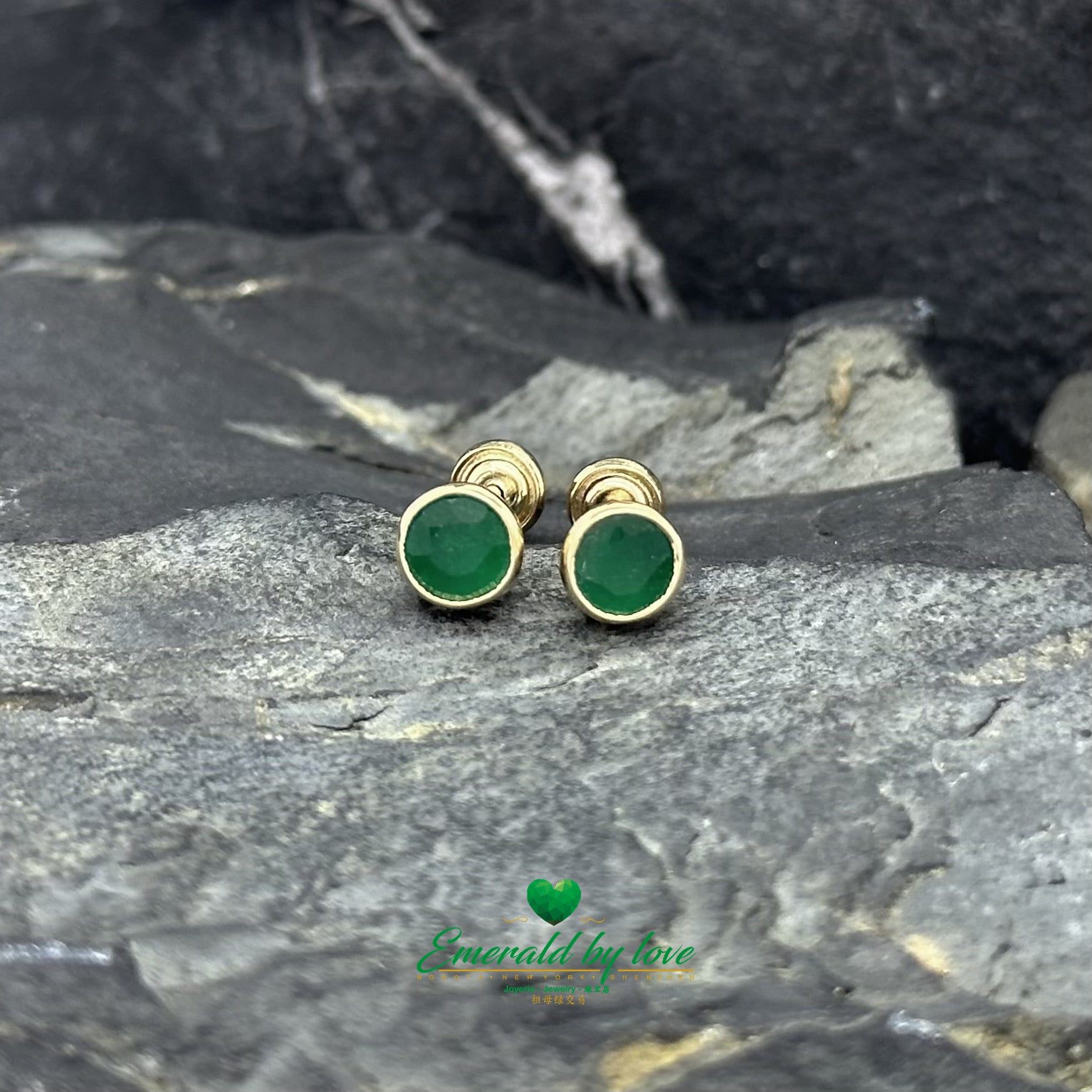 Yellow Gold Studs with 1.1 CT Rounds Emeralds in Bezel Setting