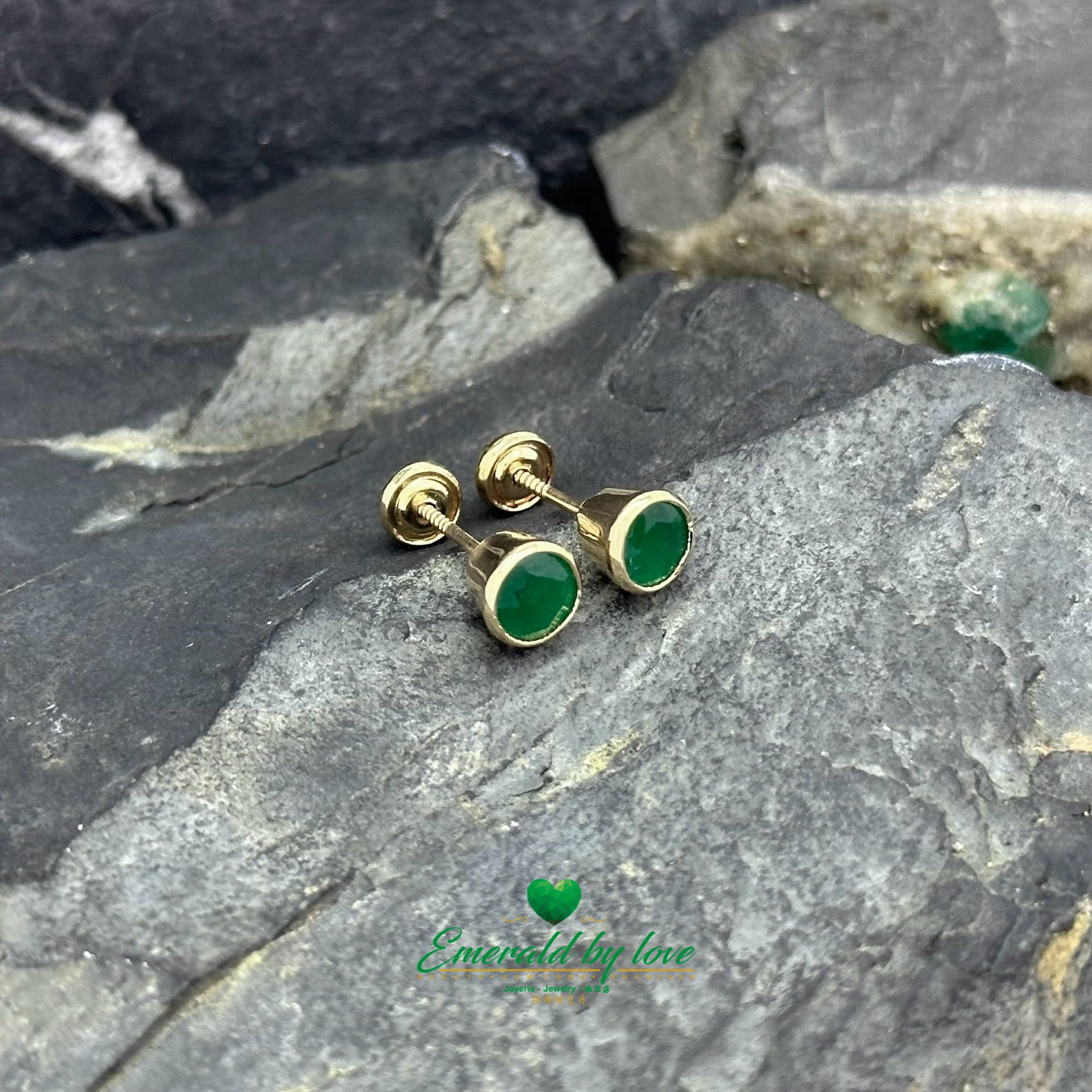 Yellow Gold Studs with 1.1 CT Rounds Emeralds in Bezel Setting