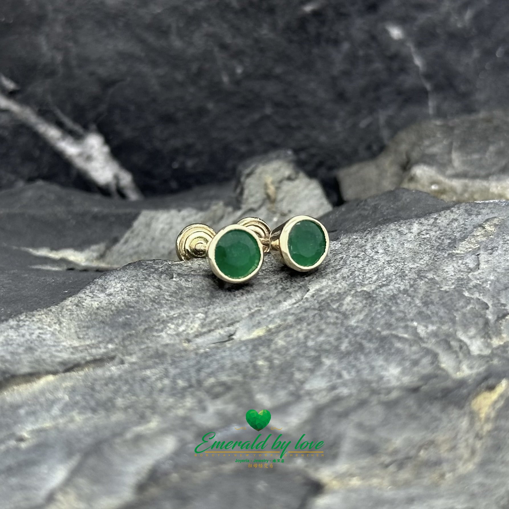 Yellow Gold Studs with 1.1 CT Rounds Emeralds in Bezel Setting